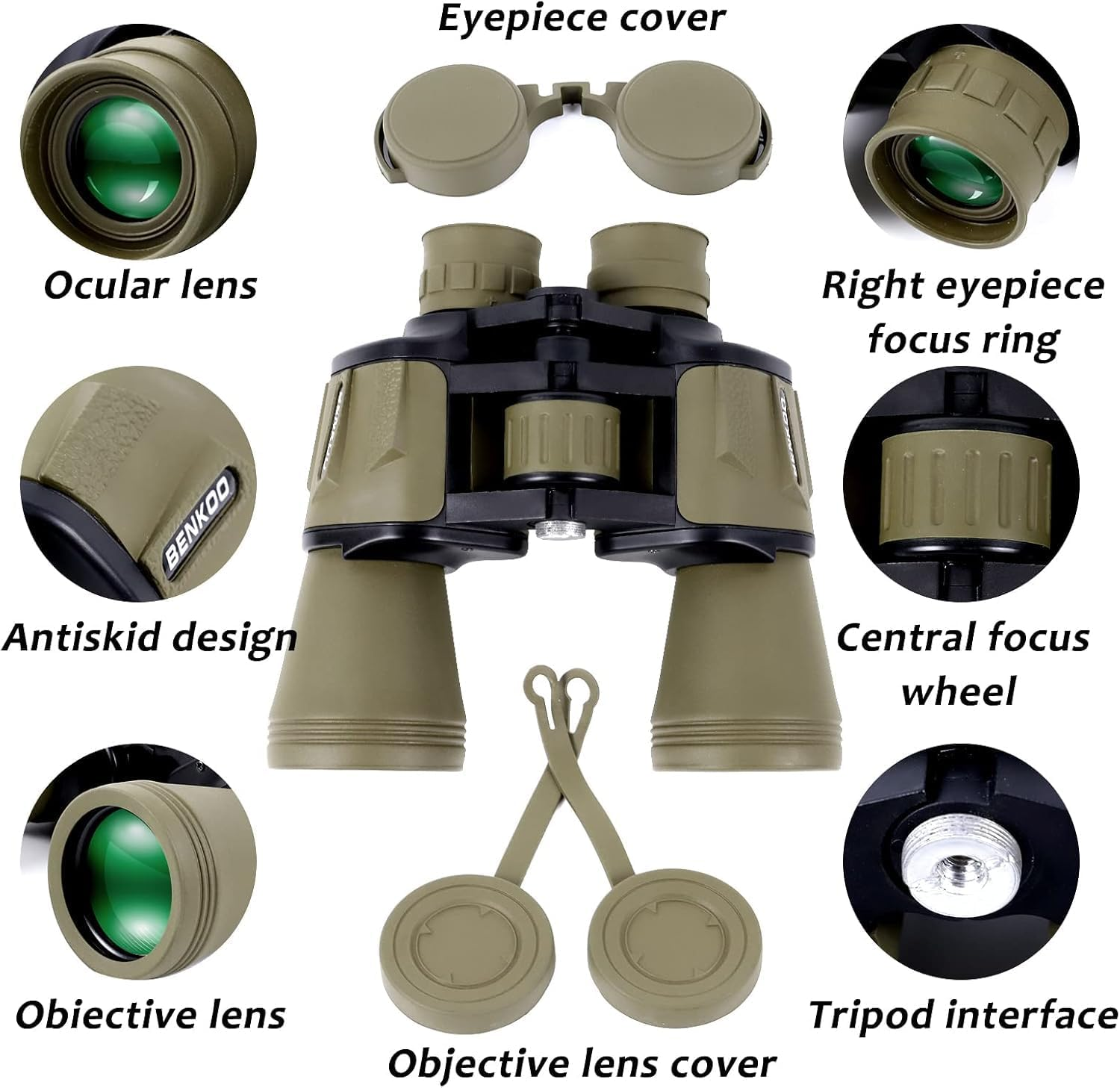 20X50 High Power Binoculars for Adults, HD Waterproof Binoculars with BAK4 Prism & FMC Lens,Portable Binocular Bird Watching Hunting Football Games Cruise with Carrying Bag,Strap,Phone Adapter-Green image number 6