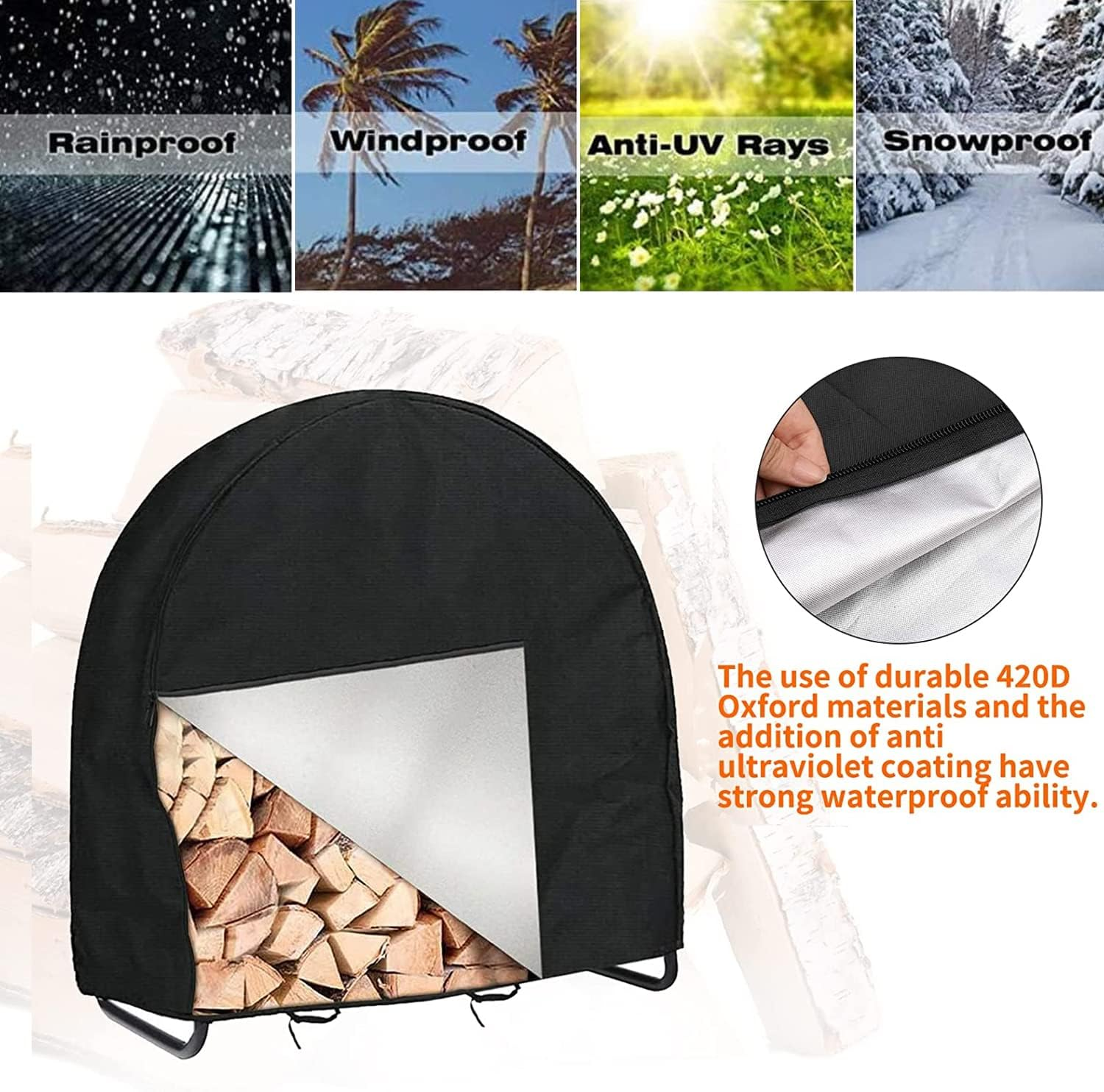 Firewood Log Hoop Rack Cover,Outdoor Waterproof and Weather Resistant Patio round Ring Loop Wood Storage Holder Cover,Heavy Duty 420D Oxford Fire Windproof Dry Wood Pile Holder Cover (40 In) image number 6