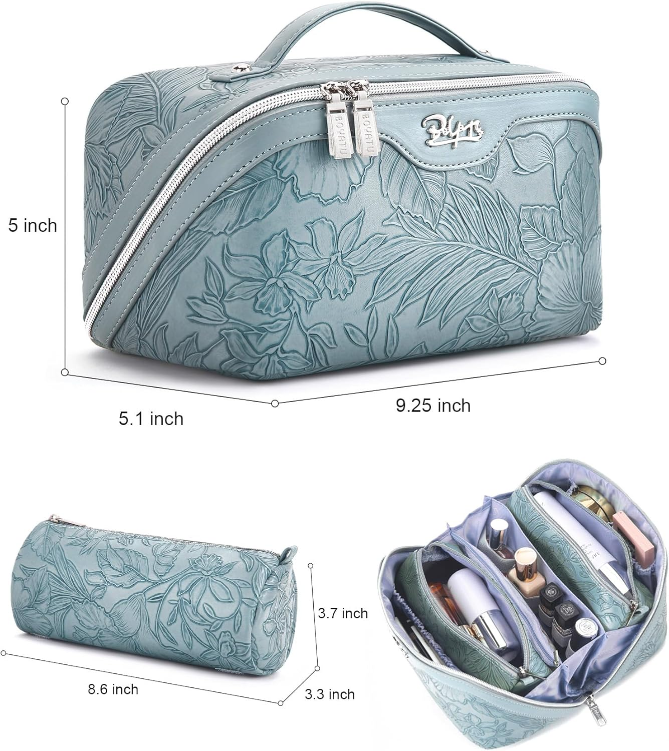 BOYATU Travel Makeup Bags Cosmetic Organizer Bag: 3-Set Large Capacity Make up Bag - PU Leather Toiletry Bags for Women - Wide Open Portable Pouch with Divider & Handle, 01-Light Blue, Travel image number 3