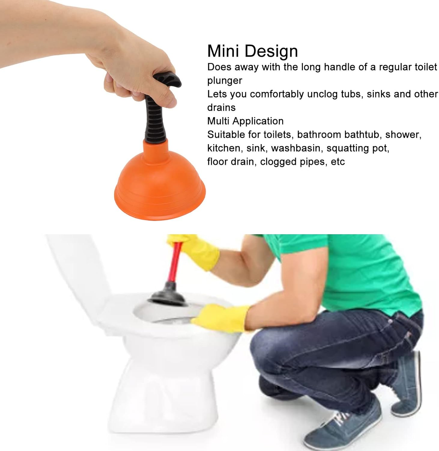 Sink Plunger, Powerful Drain Plunger with Short Handle, Hand Held Small Mini Plunger for Kitchen Sink, Shower, Bathroom Drains and Bath, Toilet, Non Slip Handle, Easy to Use (Type C) image number 5