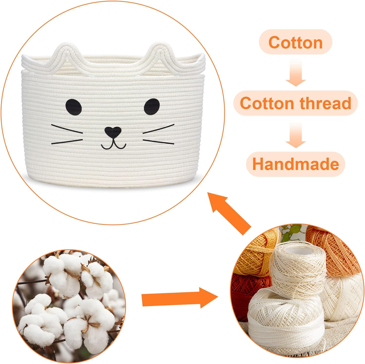 Toy Storage Basket, Kids Laundry Basket Foldable, Baby Hamper Woven Rope Basket for Nursery Cat Decor Bedroom, Toy Storage Box for Boys Girls Dog Cat(Cat,L) image number 7