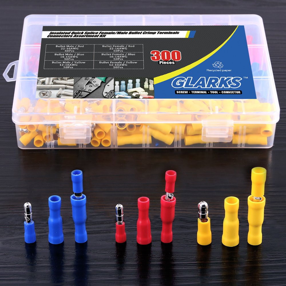Glarks 300Pcs 22-16/16-14/12-10 Gauge Insulated Quick Splice Female/Male Bullet Crimp Terminals Connectors Assortment Kit image number 4