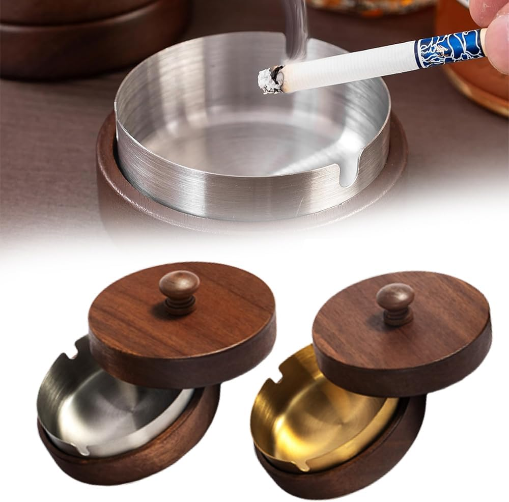 Paifeancodillwooden Ashtray with Lid and Stainless Steel Liner, Portable Ash Tray for Indoor Outdoor Use, Home Office Balcony Parties, Elegant Design (Silvery) image number 4