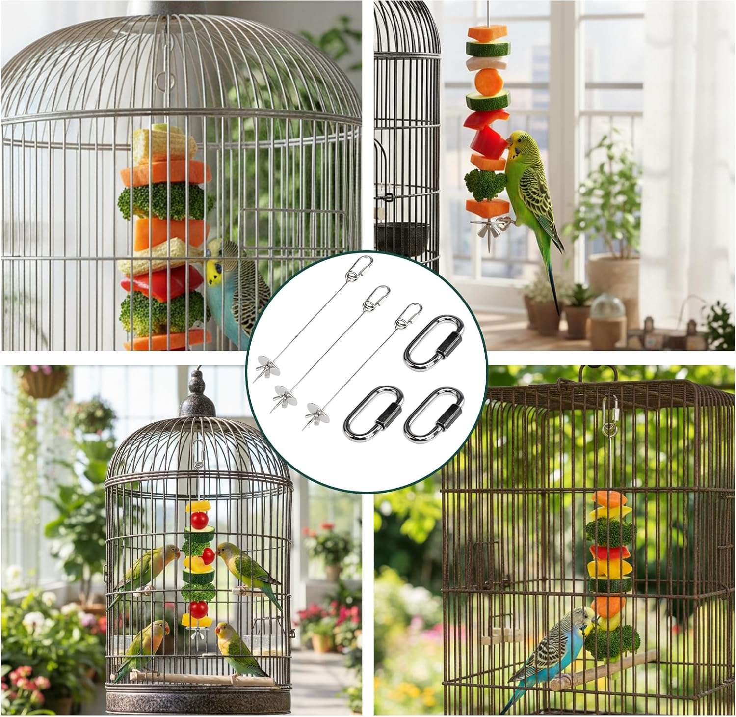 Hcvgcm Budgie Toy, 3 Stainless Steel Fruit Skewers with 3 Hooks, Budgies Cage, Parrot Toy, Safe and Durable Feeder for Budgies, Cockatiels and Small Birds image number 4