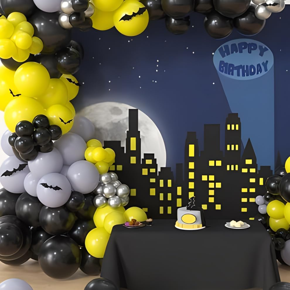 WODJR 124Pcs Bat Balloon Garland Bat Party Decorations Black Yellow Balloon Garland Black Yellow Grey Silver Balloons Black Yellow Silver Grey Latex Balloons for Bat Party Supplies Hero Birthday Decor image number 1