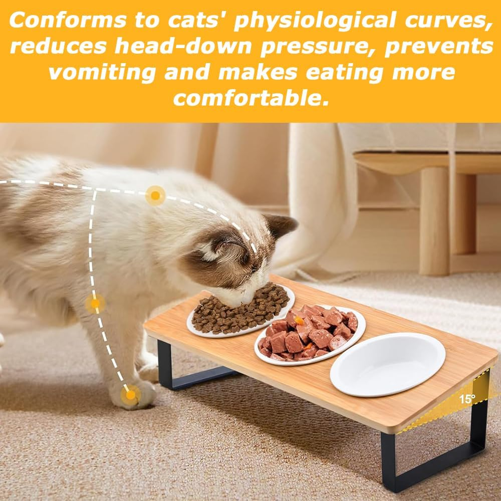 Wooden Raised Pet Feeder, Elevated Cat Bowl Stand, Angled Design Reduces Neck Strain during Meals, for Cats & Small Dogs image number 6