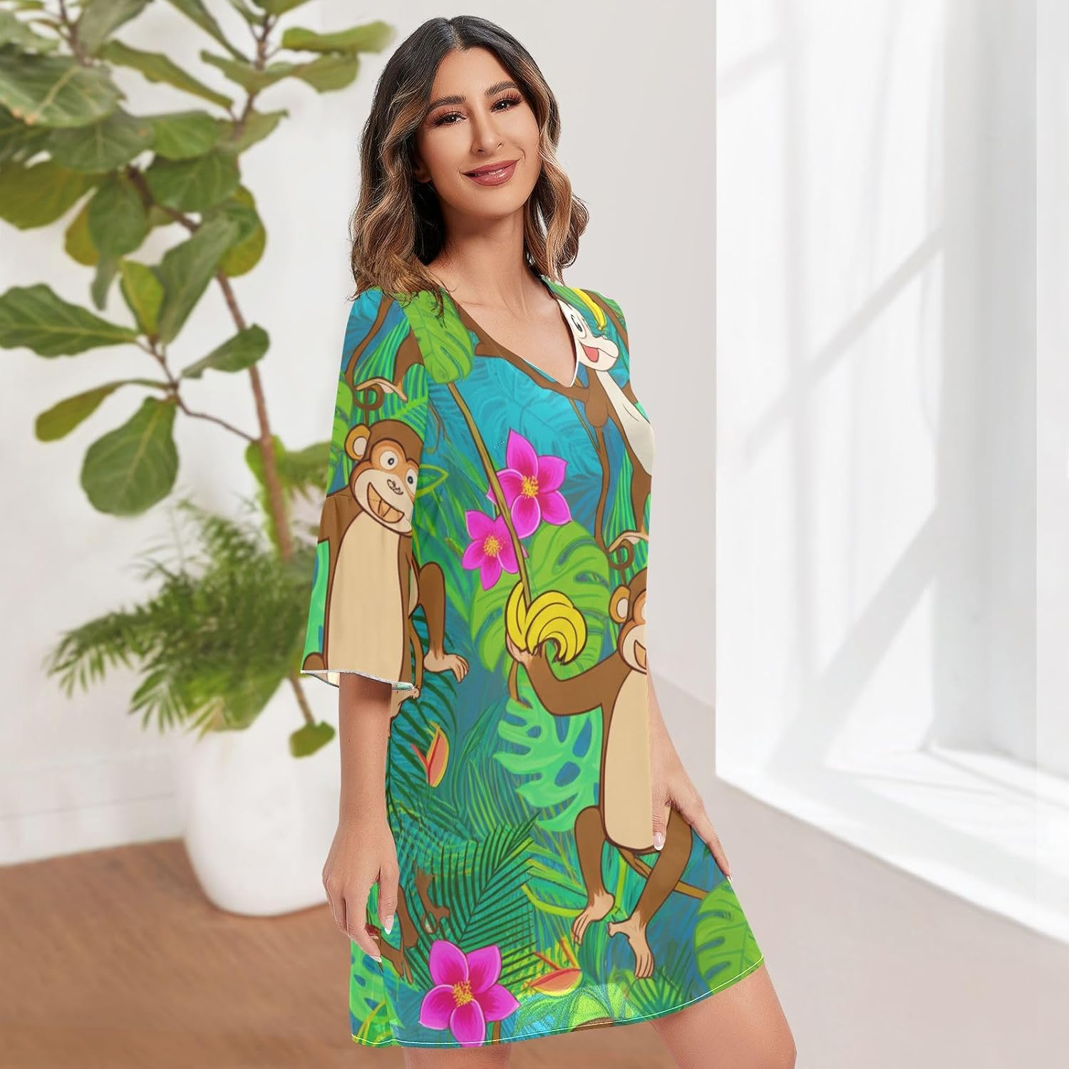 Playful Monkeys Jungle Green Short Chiffon Dress 3/4 Sleeve Maternity Dress Party S-XXL image number 4
