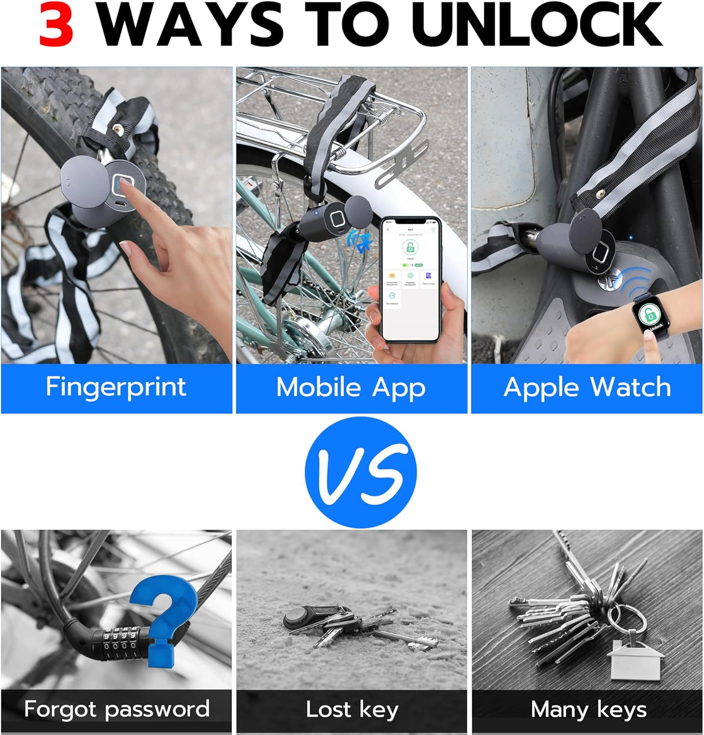 Chain Lock Keyless Waterproof Bicycle Lock Elinksmart 100CM Chain Lock for Bike Scooter Motorcycle Door Fence Gate Fingerprint Bluetooth App Heavy Duty Security 2024 Updated image number 6