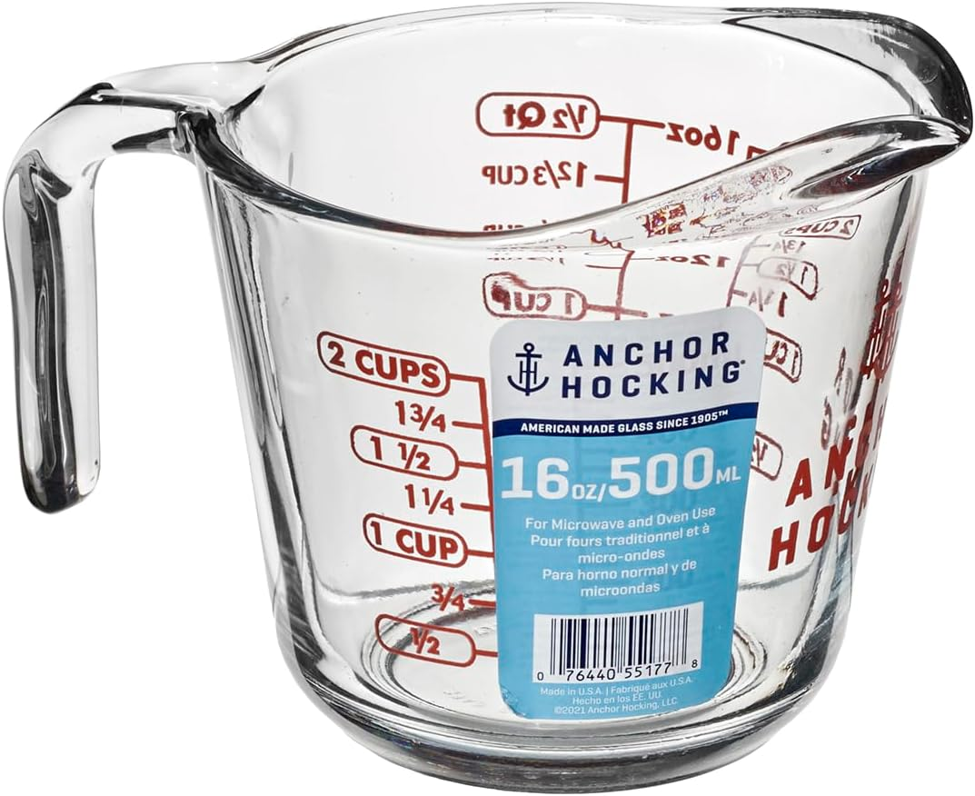 Anchor Hocking Small Measuring Jug &ndash; Durable Glass Cup with Easy-Read Markings, Open-Handle Grip and Smooth Pour Design &ndash; Microwave and Dishwasher Safe for Precise Kitchen Prep &ndash; 500 Ml Capacity