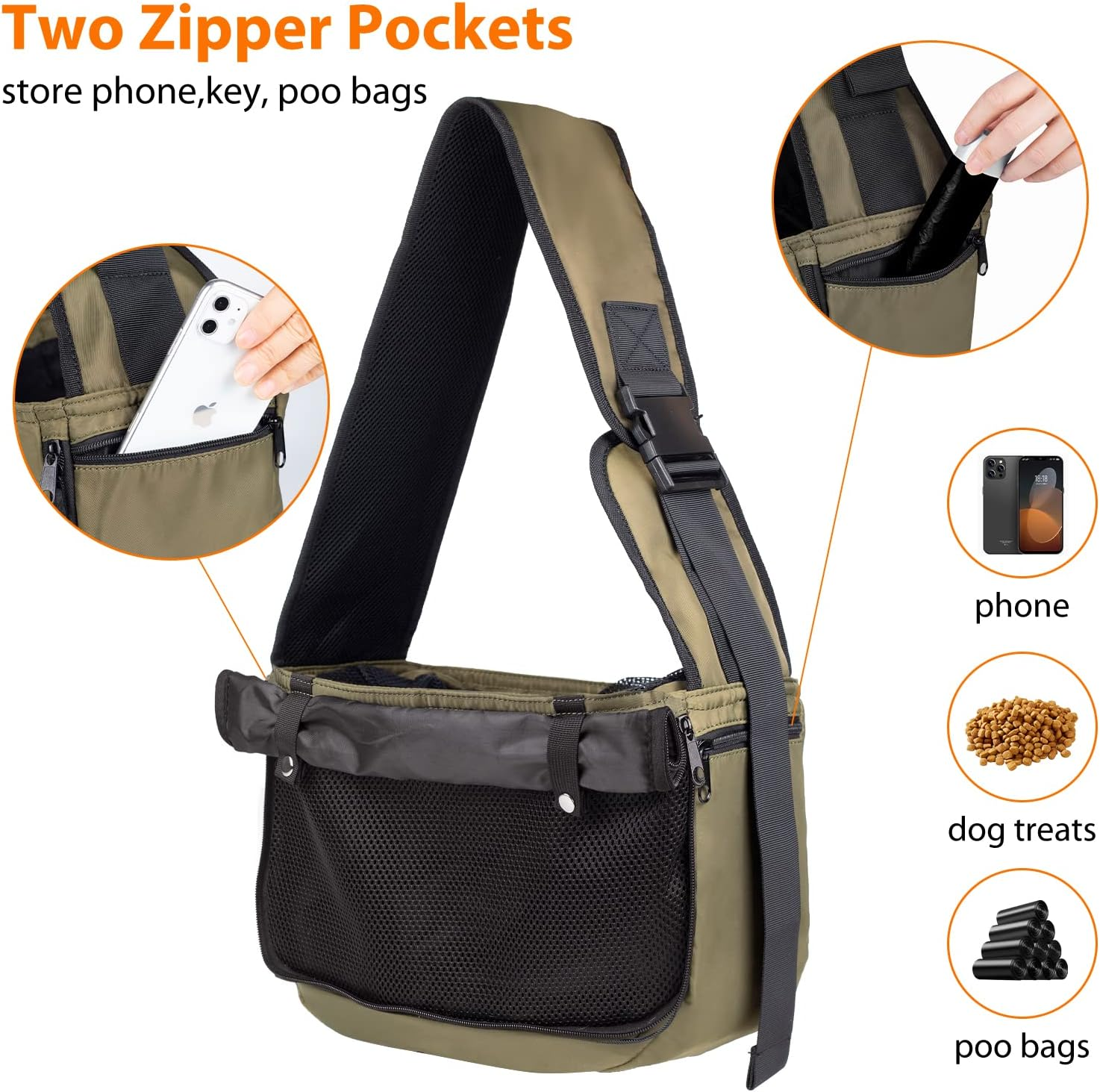 NATUYA Dog Sling Puppy Carrier for Small Dogs with Openable Front Breathable Mesh, Hands Free Pet Sling Travel Bag Adjustable Padded Strap Pockets Large Space for Pet Outdoor Hiking (Green, 3-8Lb) image number 1