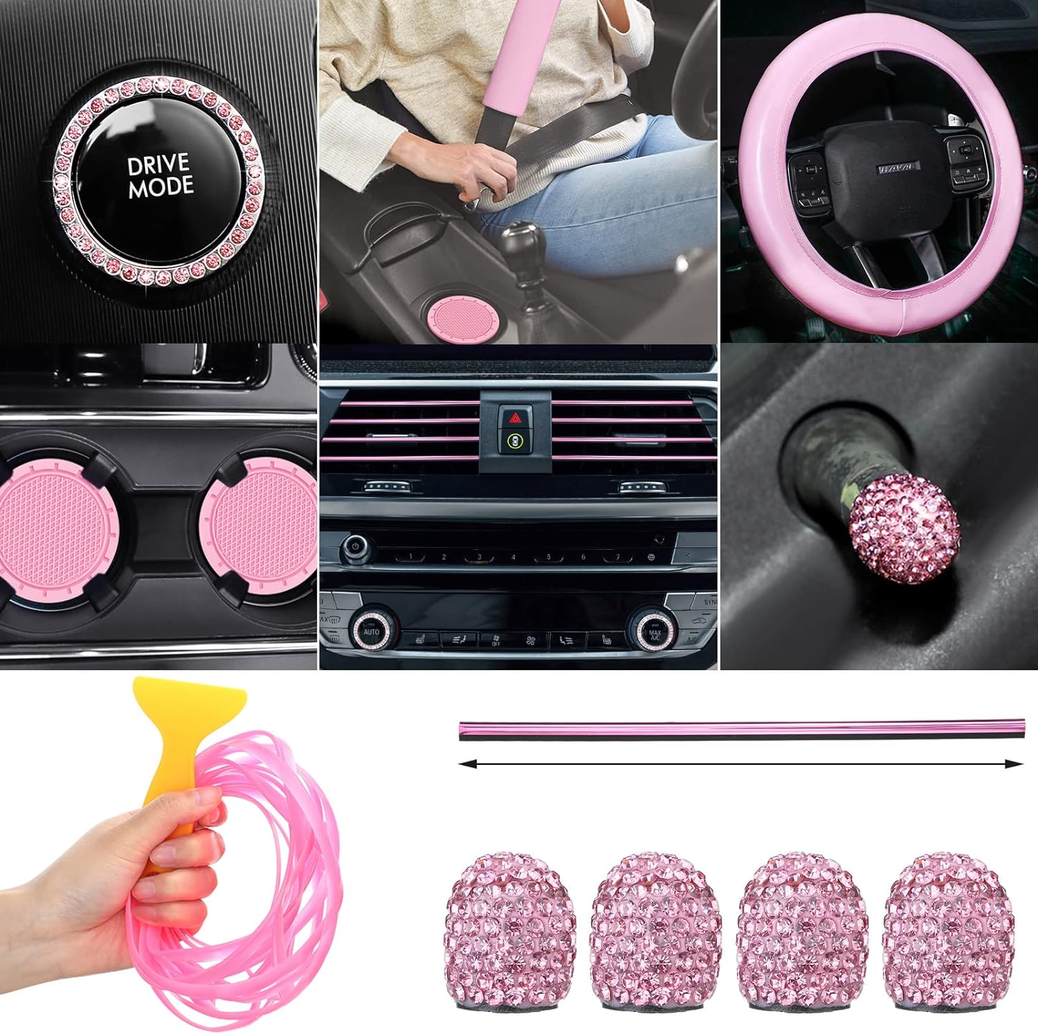 Estune 46 Pcs Car Seat Cover Full Set for Women Pink Wheel Cover Seat Belt Shoulder Pads Cup Holders Bling Start Button Ring Sticker Air Vent Clip Car Vent Outlet Trim with Scraper, Pink