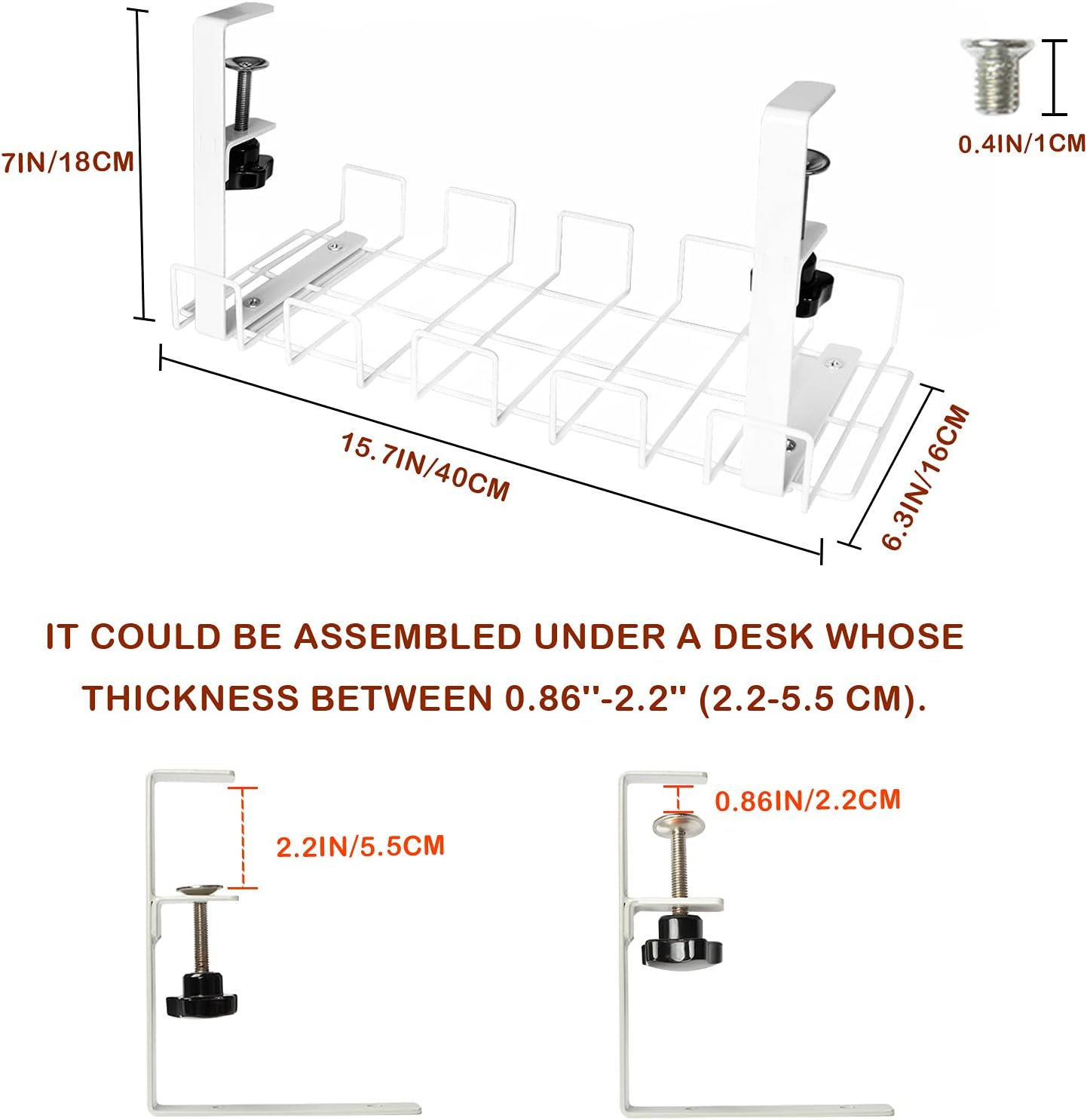 Cable Management Tray, Calife under Desk Wire Organizers, 15.7&rsquo;&rsquo; Detachable Cords Organizer without Drilling Hide Wires Power Strips Chargers for Office and Home (White) image number 3