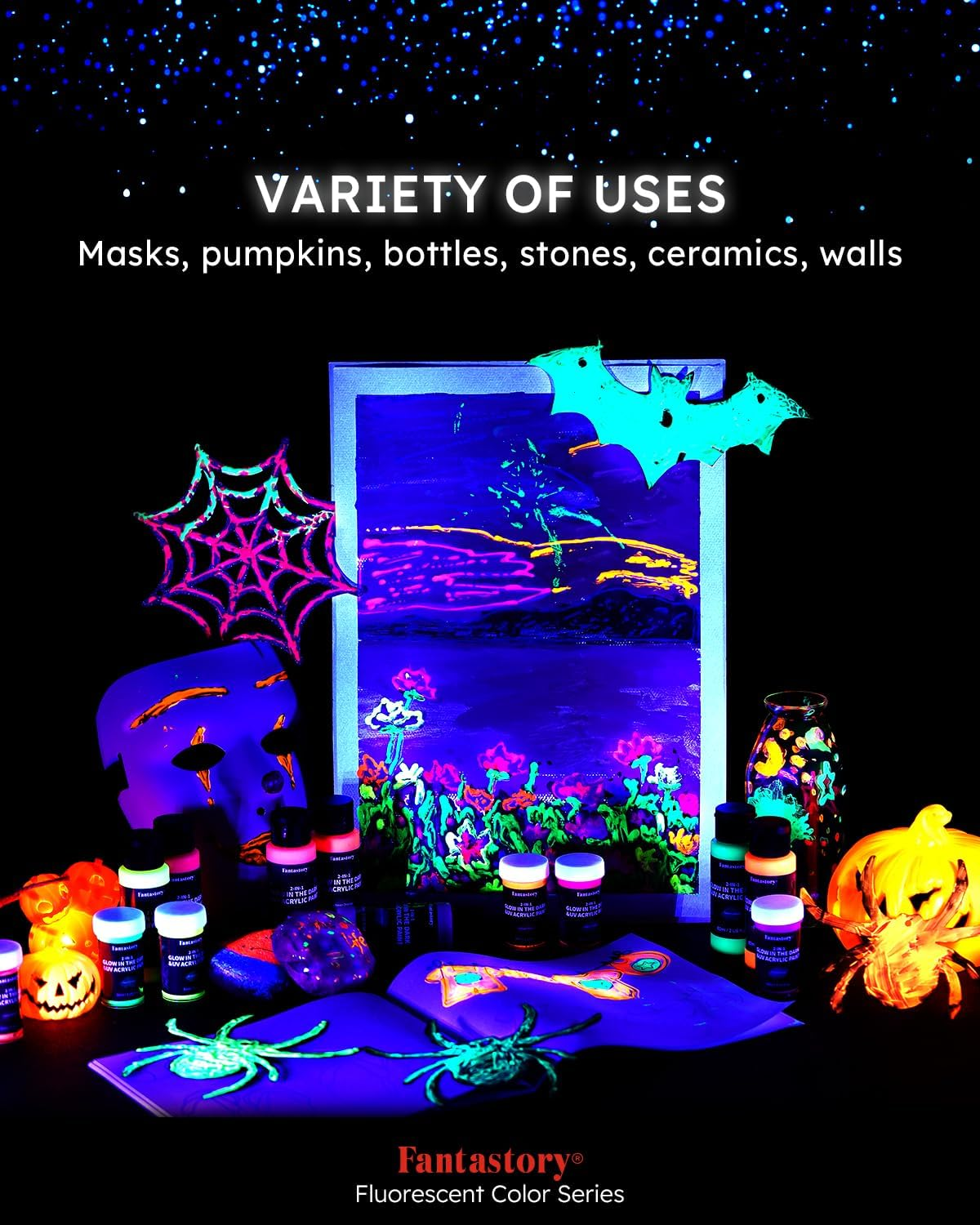 Fantastory Halloween Glow in the Dark Paint,0.8Ozx8,Neon Colors Glow Acrylic Paints,Waterproof Blacklight Paint for Outdoor Rock,Wood,Craft,Canva,Pumpkin,Holiday Decor,Adults[Fluorescentseries]