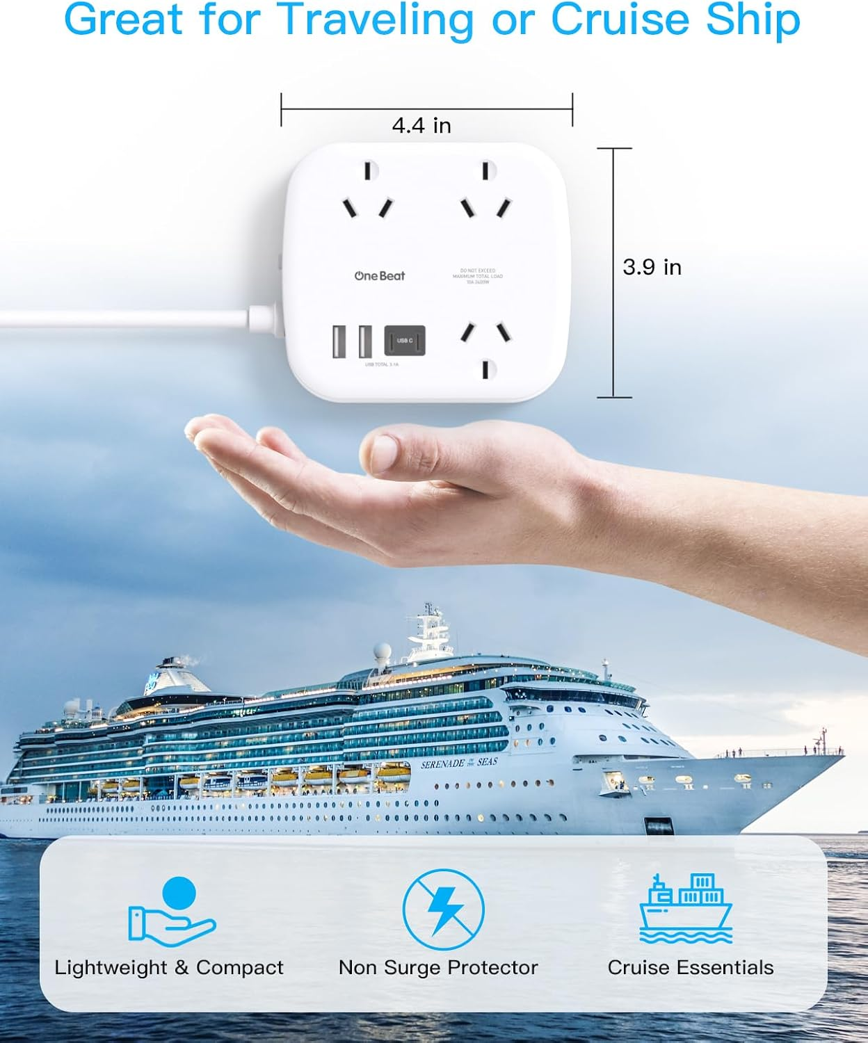 One Beat Power Board with Usb,Travel Power Strip with 3 AC Outlets,2 USB a and 2 USB C Ports,1.5M Flat Extension Cord,No Surge Protection Cruise Ship Essentials for Office,Home,Travel,Cruise