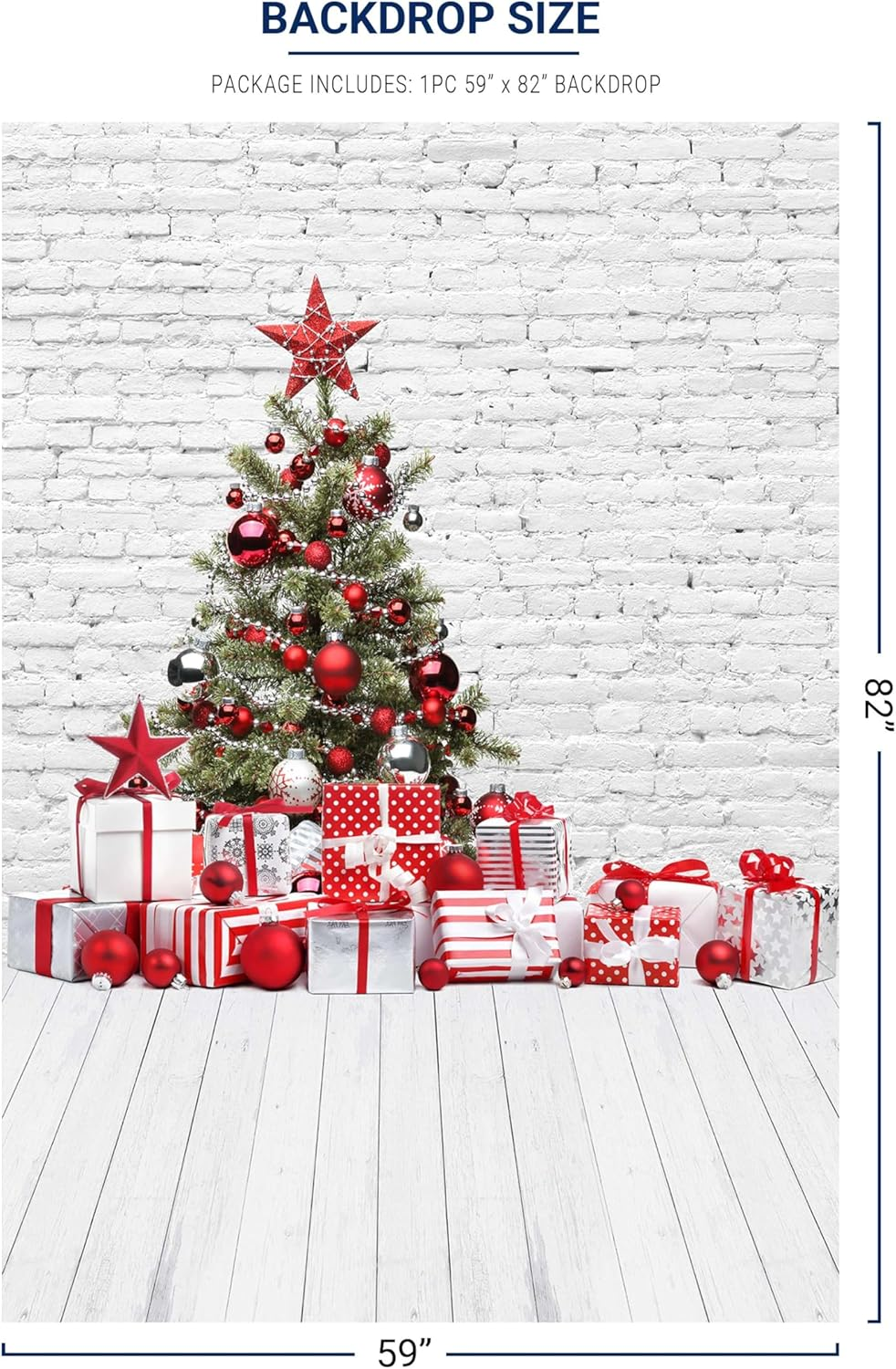 Allenjoy Christmas White Brick Wall Wood Floor Backdrop Photography Xmas Tree Gifts Vintage New Year Wall Decor Winter Background 5X7Ft Kids Newborn Baby Shower Portrait Photo Booth Photoshoot Props image number 1