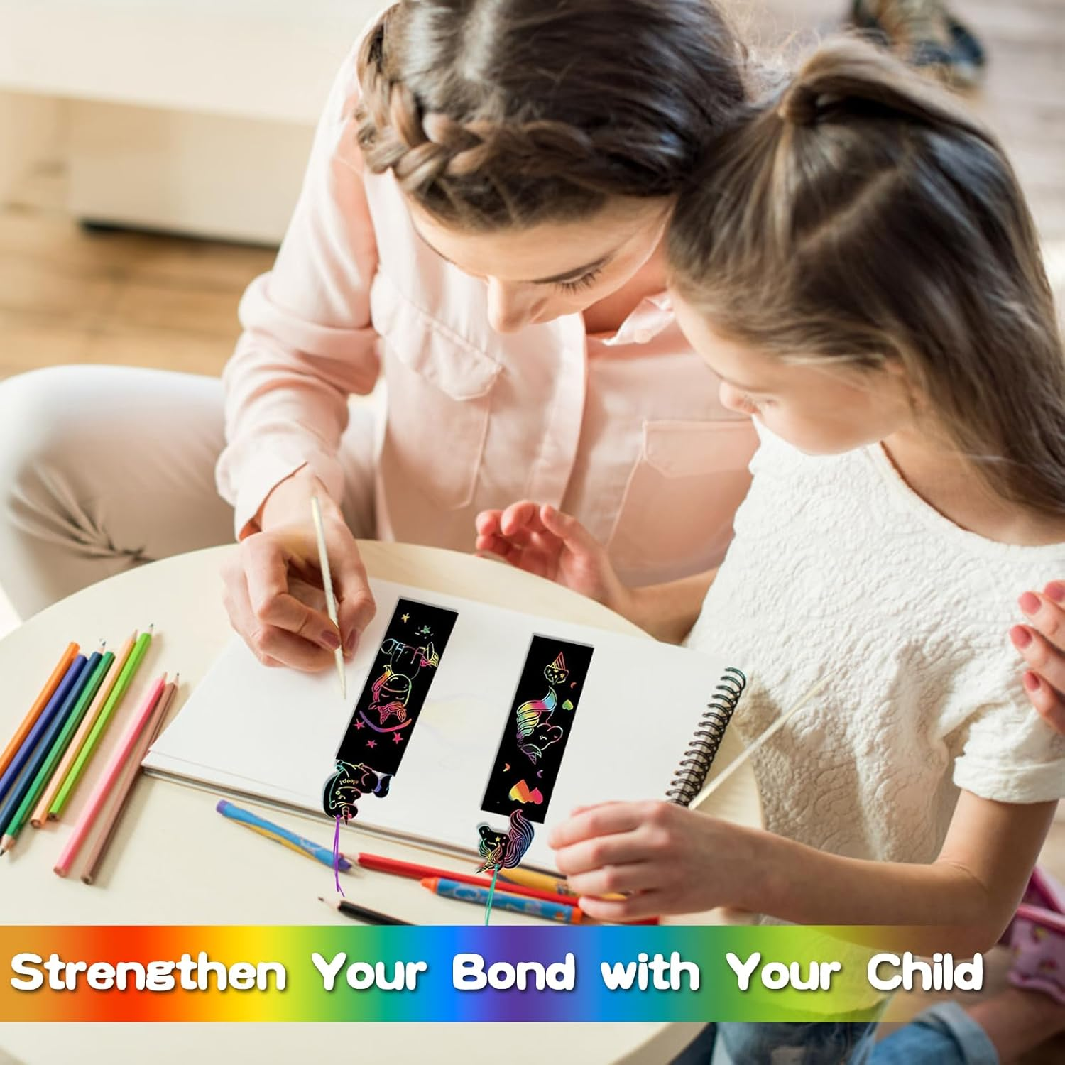 Viiotu 48 Pcs Scratch Art Bookmarks Party Favours Kids, Animal Bookmarks Set Party Bag Fillers with 48 Pcs Colorful Ribbons and 24 Pcs Wood Stylus, Scratch Art for Classroom Activities Party (Unicorn)