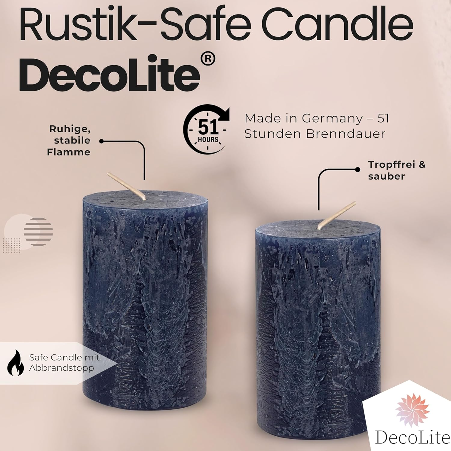 Decolite Pillar Candles Rustic Set of 4 110 X 70 Mm | Self-Extinguishing Safe Candle | Coloured RAL Certified | Burning Time Approx. 51 Hours | Made in Germany | Rustic Decorative Candles by Decolite - Charcoal image number 7
