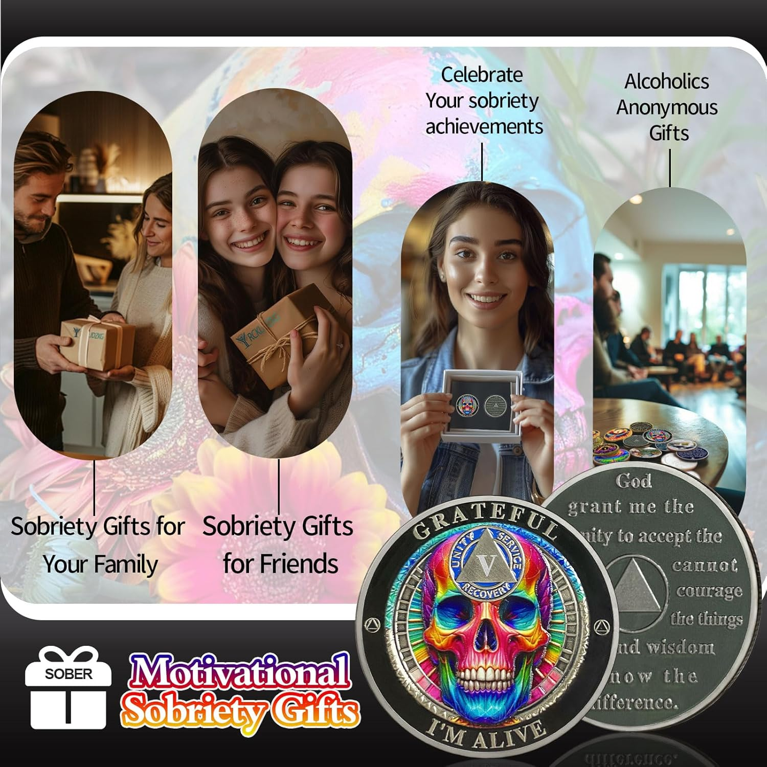 Rainbow Skull 5 Year Sobriety Coin Grateful I'M Alive Five Years Sober Chip - AA Chips and Medallion - AA Coin with Serenity Prayer Sobriety Gifts for Men Women image number 2