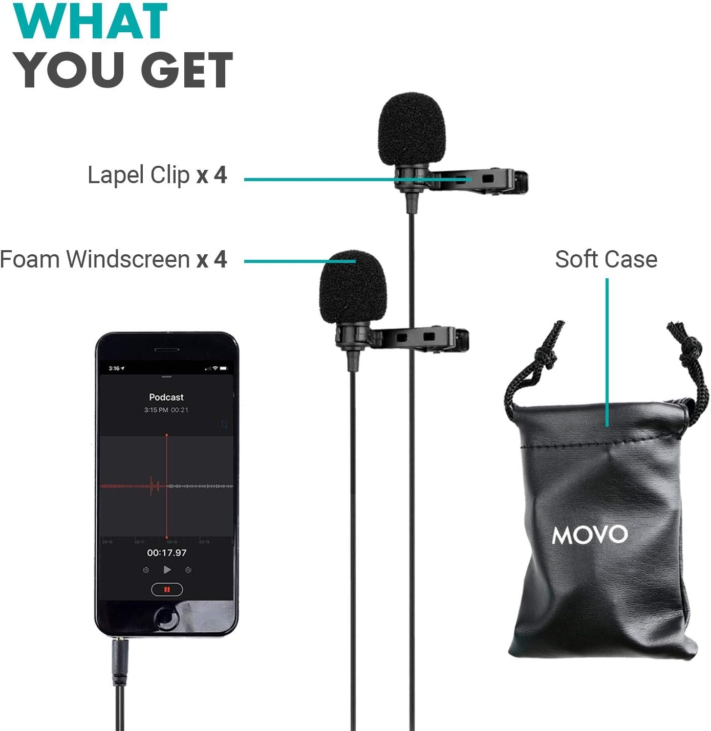 Movo PM20 Dual-Headed Lavalier Lapel Clip-On Omnidirectional Condenser Microphone for Apple Iphone, Ipad, Ipod Touch, Android and Windows Smartphones image number 2