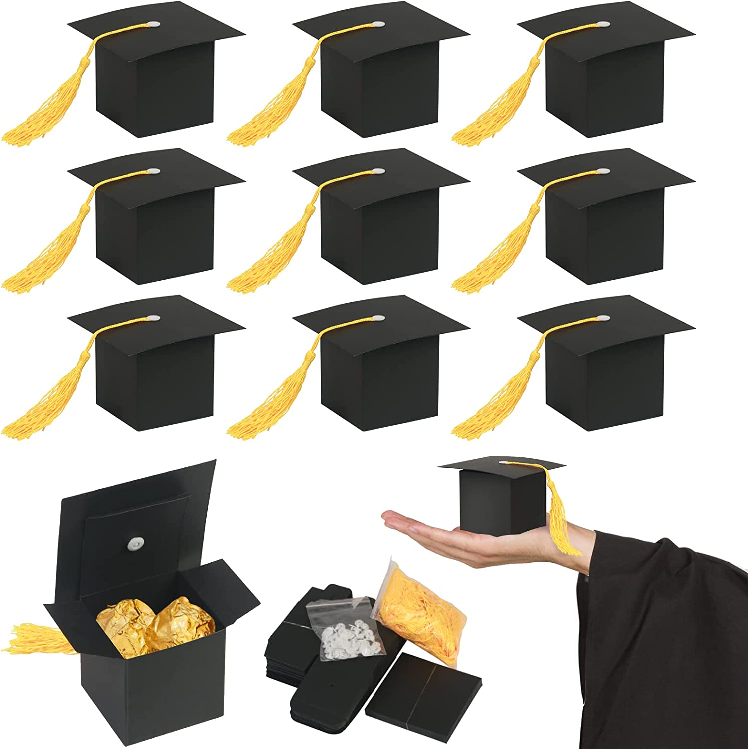 30Pcs Graduation Cap Shaped Gift Box - 6CM Black Doctoral Sweet Boxes with Yellow Tassel for Celebration Ceremony Party image number 4
