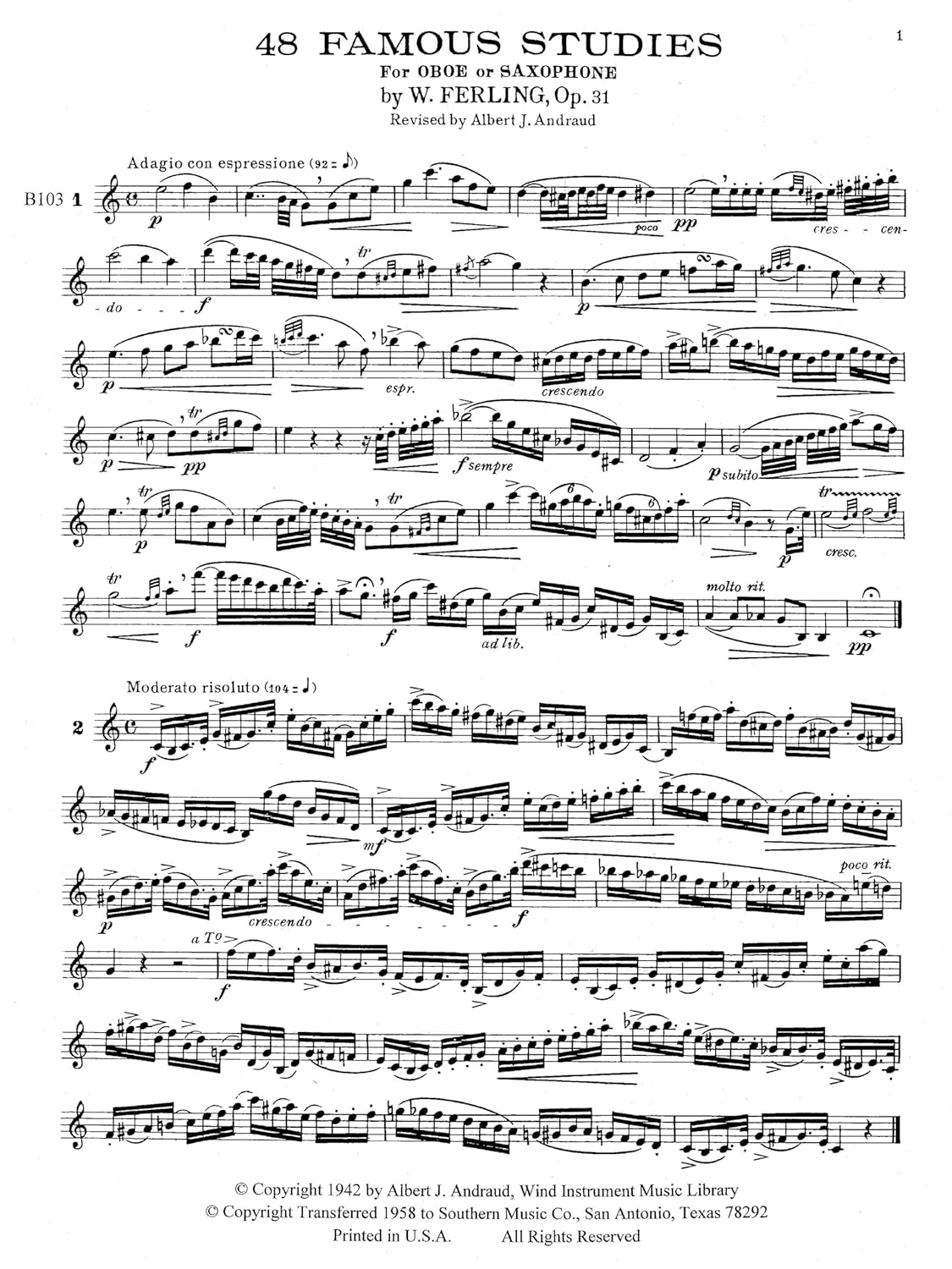 48 Famous Studies, (1St and 3Rd Part): Oboe - Melodious Etudes with Oboe and Saxophone Sheet Music - Oboe and Saxophone Duet Book with 3 Duos Concertants image number 2