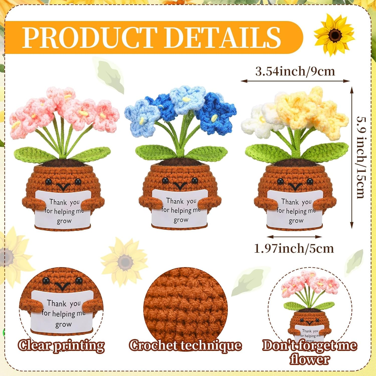 3 Pcs Teacher Appreciation Crochet Doll with Card Thank You for Helping Me Grow Teacher Thank You Presents for Birthday Home Office Decor(Forget Me Not) image number 4