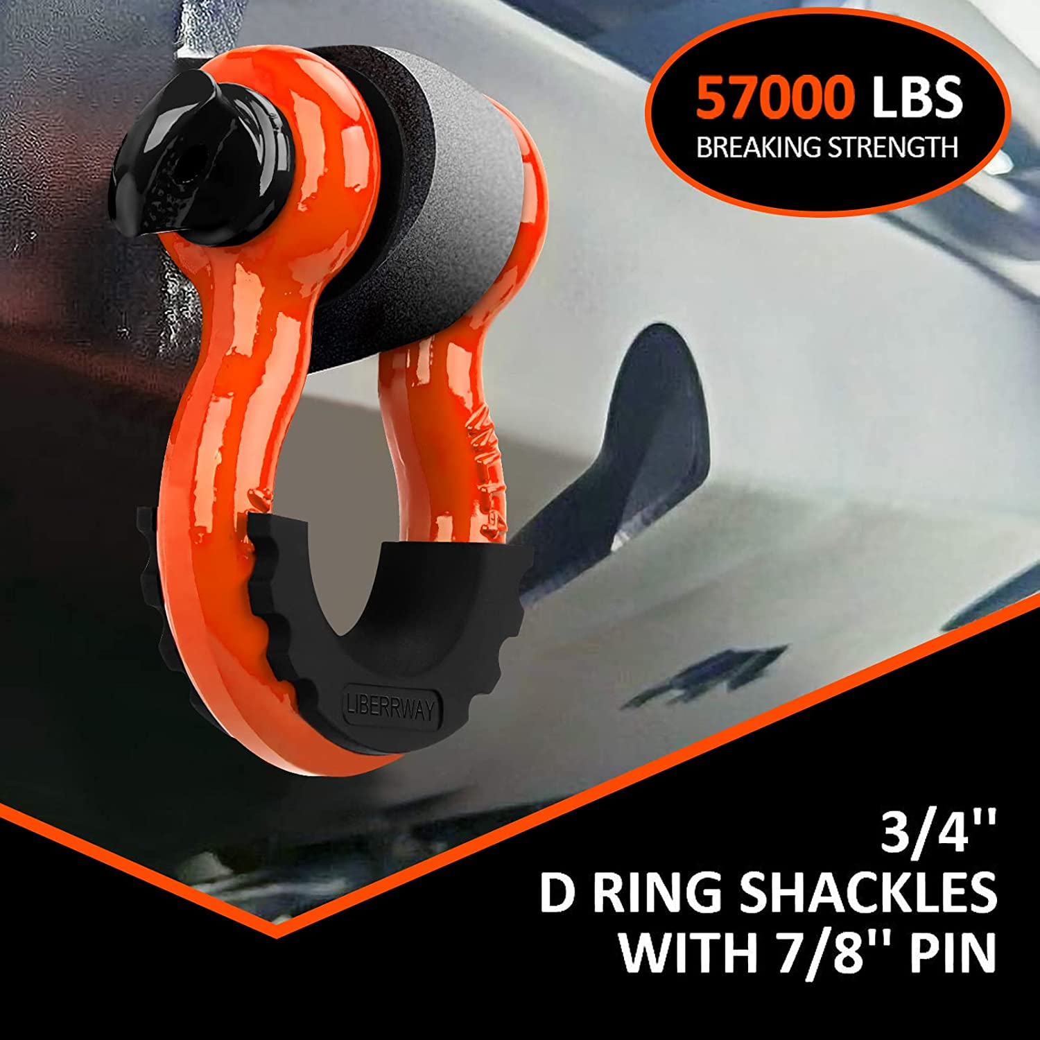 LIBERRWAY Shackles 3/4" (2 Pack) D Ring Shackle Rugged off Road Shackles 28.5 Ton (57,000 Lbs) Maximum Break Strength with 7/8'' Pin Heavy Duty D Ring for Vehicle Recovery, Orange image number 2