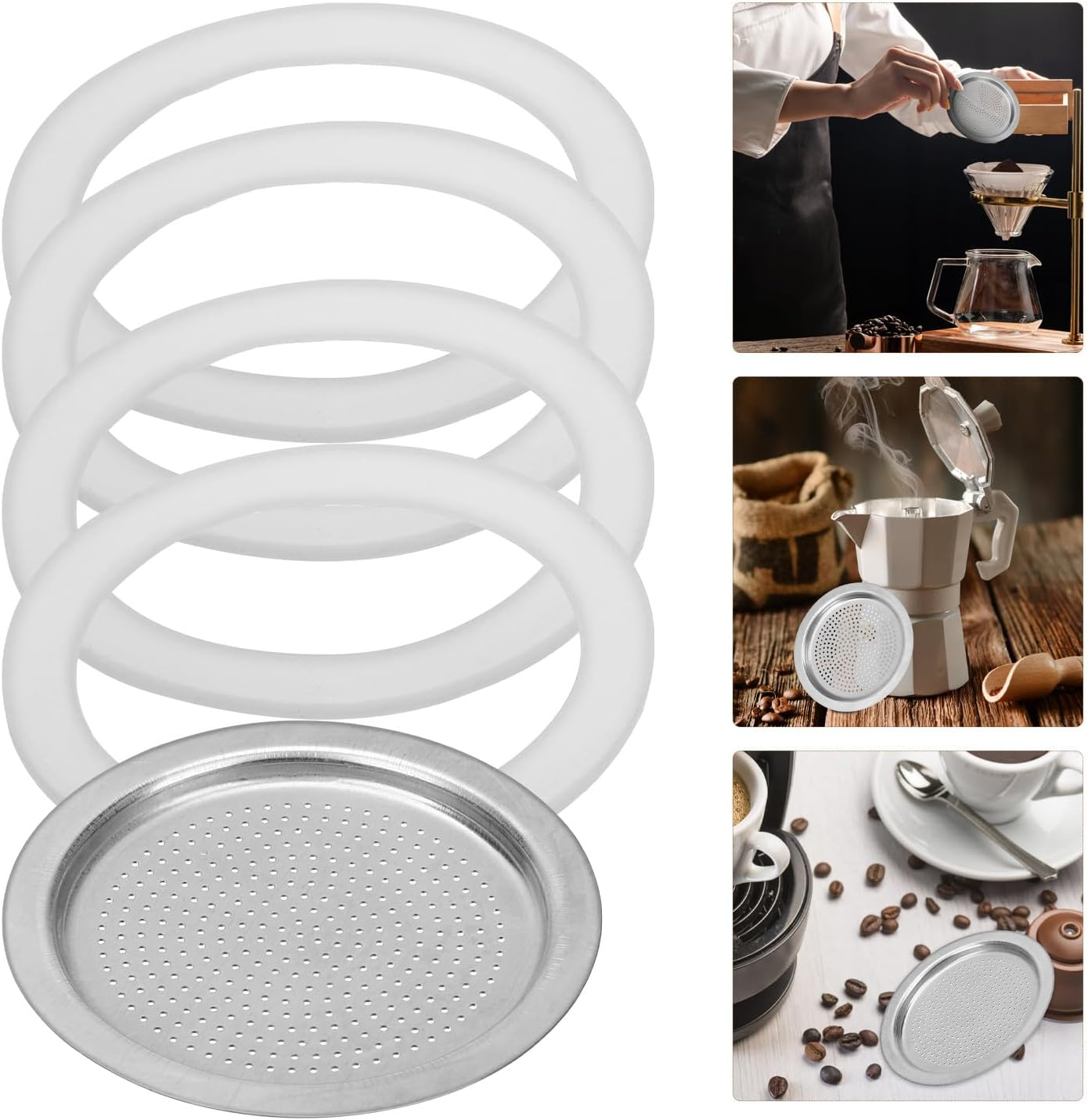 GALPADA Coffee Pot Silicone Sealing Gasket Set for 6-Cup Aluminum Stovetop Espresso Maker with Food-Grade Silicone Rings and Stainless Steel Filter, Replacement Parts for Home Brewing image number 1