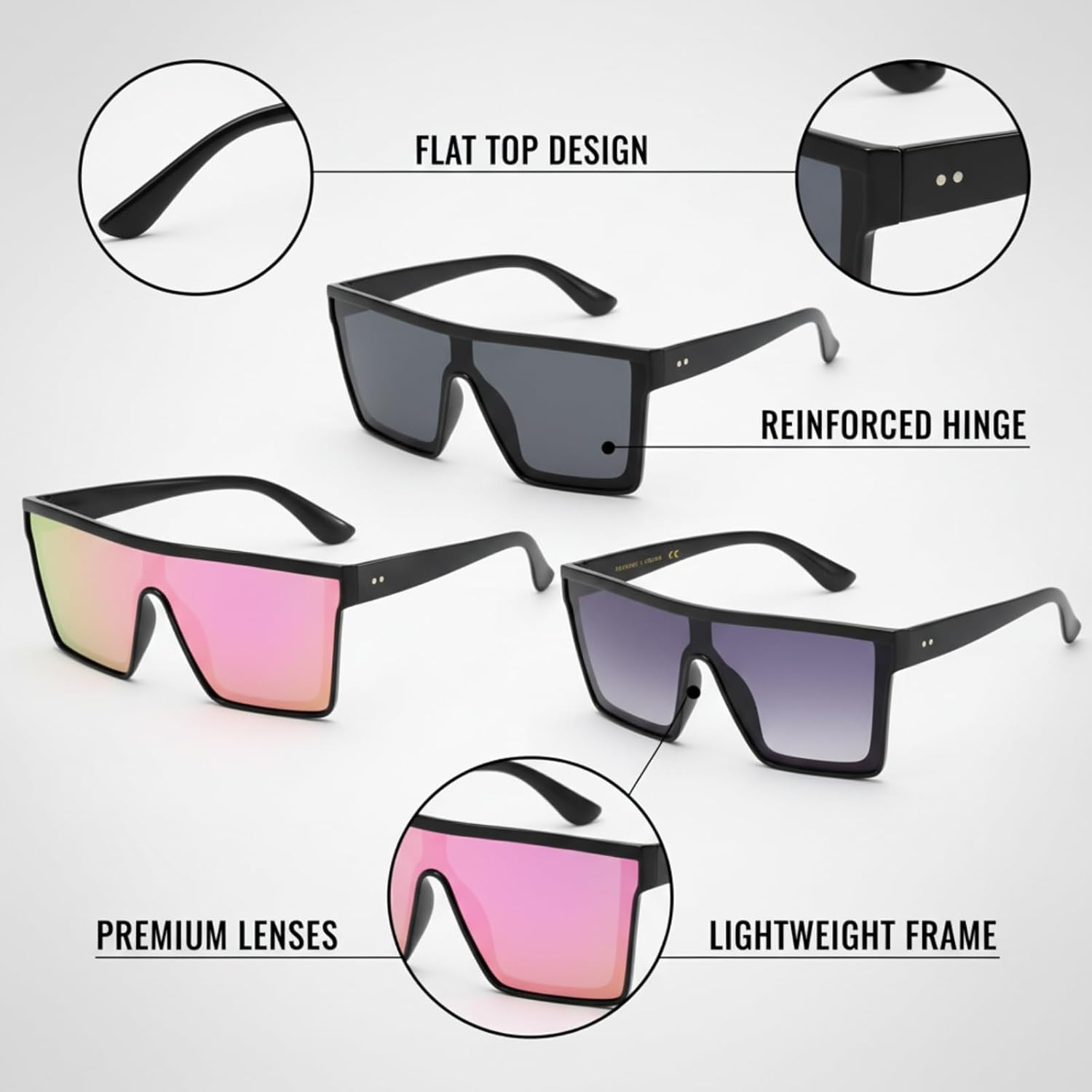 3 Pcs Futuristic Neon Flat Top Sunglasses, Oversized Square Big Frame Shades for Women Men Fashion image number 4