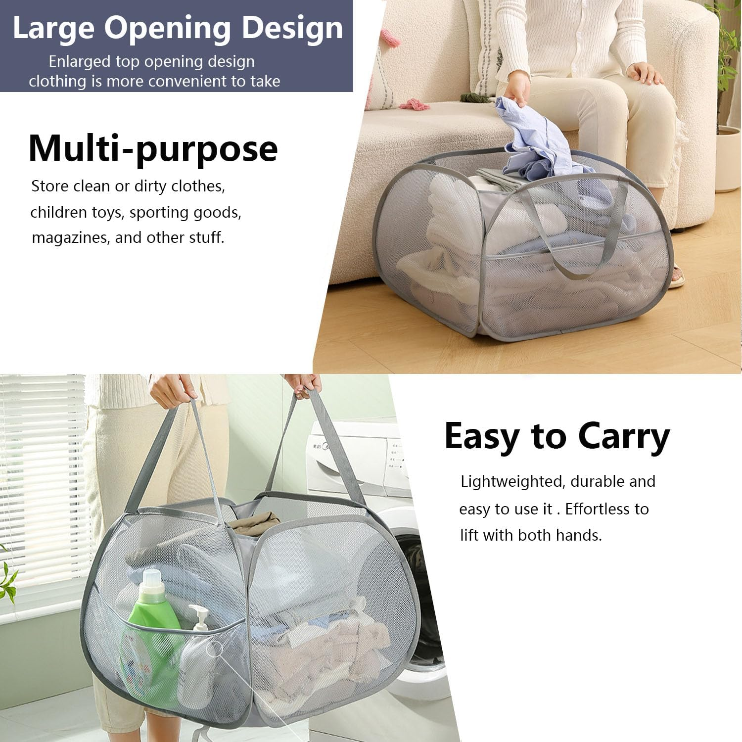 Vekol Thickened Laundry Basket Collapsible Laundry Hamper Large 90L Mesh Laundry Hamper Foldable Laundry Basket with Side Pocket for Laundry Room, Bathroom, Kids Room (Grey) image number 3