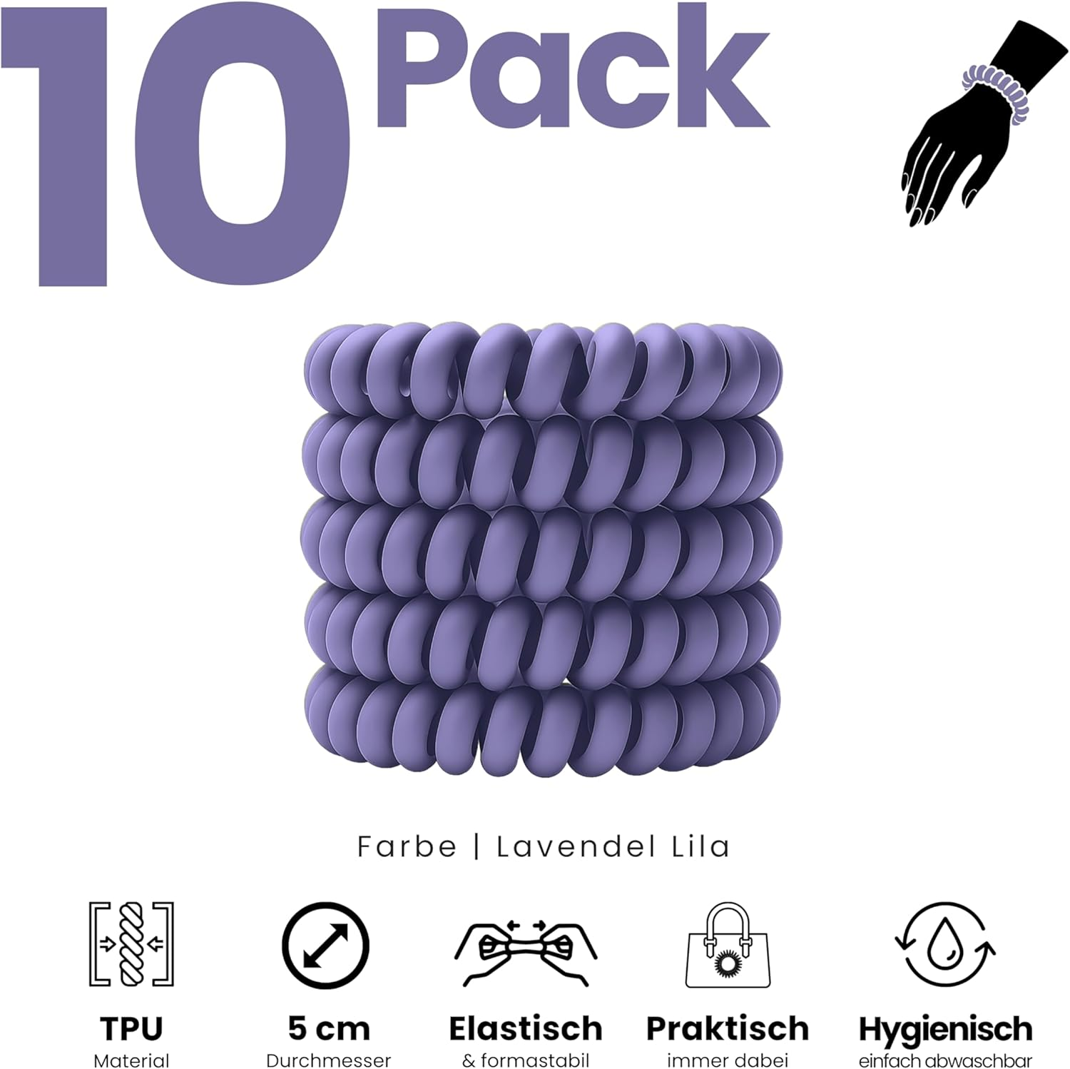 Specora Spiral Hair Scrunchies Lavender Pack of 10-5 Cm - TPU - Telephone Cable Scrunchie - No Pulling & Tangling - Elastic, No Imprint, Gentle on Hair image number 5