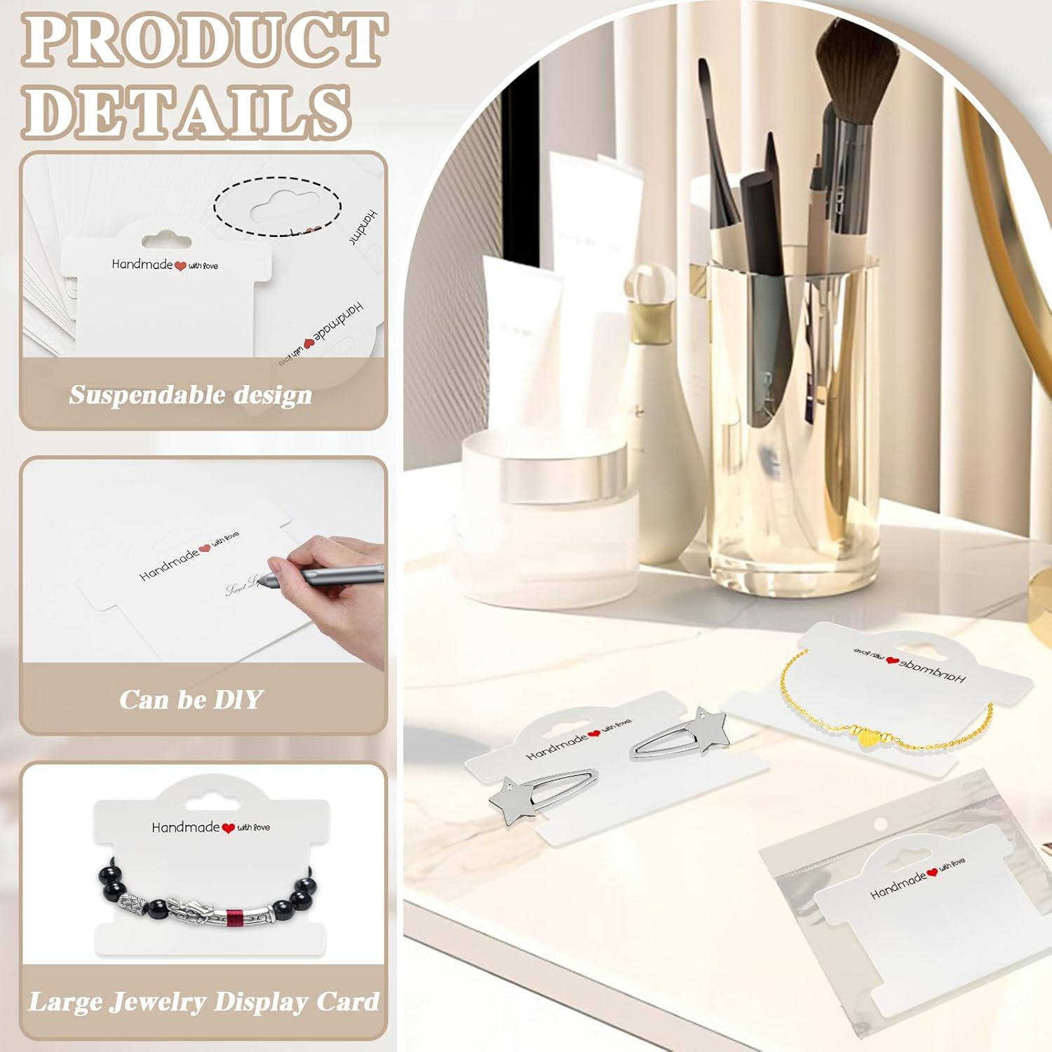 Sekonow 70 Set Bracelet Packaging for Small Business, Bracelet Display Cards with Clear Bags Handmade with Love Hanging Bracelet Business Supplies for Selling Bracelet Jewelry, White - Brown image number 6
