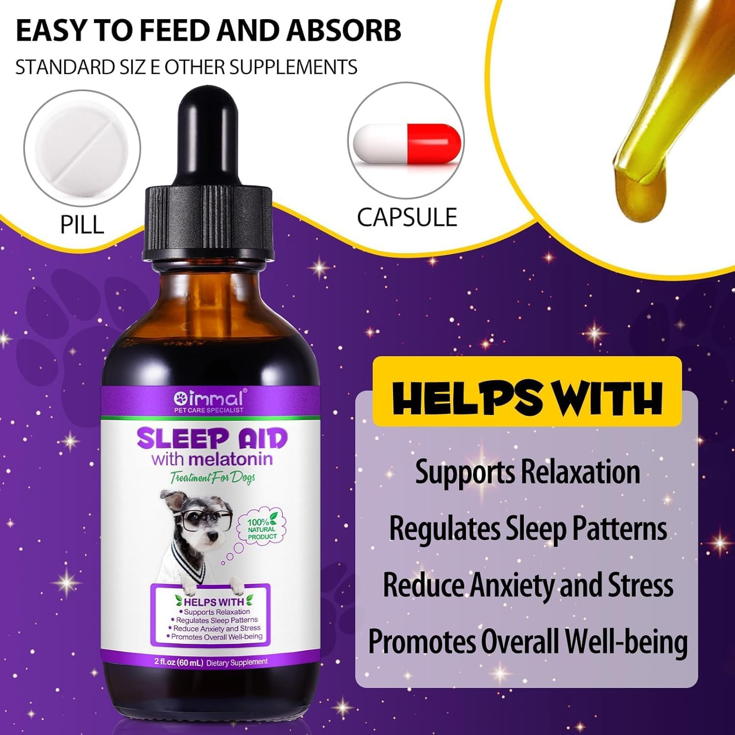 Melatonin for Dogs & Cats, Promote Relaxation & Deep Sleep, Relief Anxiety & Stress, Helps with Separation Anxiety & Travel Stress, Sleep Aid for Small to Large Dog Breeds, (60 Ml) image number 2
