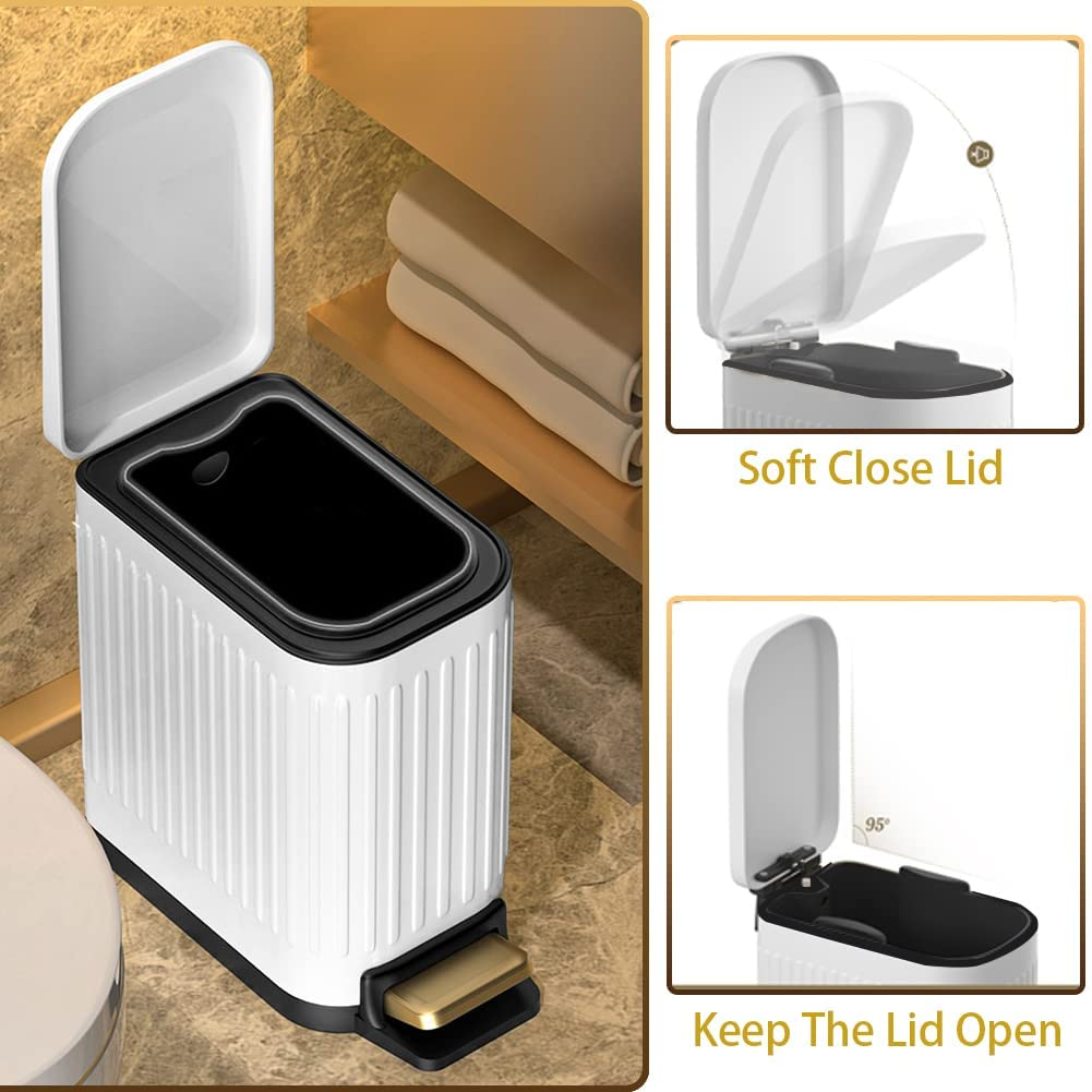 Small Trash Can with Lid Soft Close 6 Liter Stainless Steel Rectangular Slim Trash Bin with Metal Pedal Removable Inner Wastebasket for Bathroom Bedroom, Kitchen, Powder Room, Office, White - White image number 4