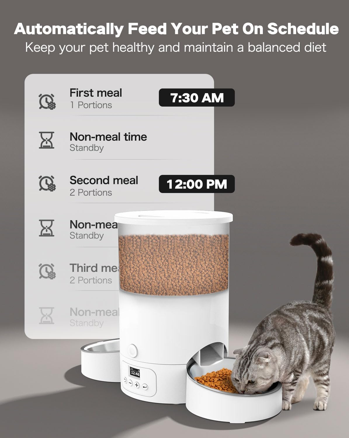 Automatic Cat Feeder for Two Cats - SURDY 3L Cat Food Dispenser Automatic with 2 Stainless Steel Bowls, 10S Meal Call Dual Power Supply and Timer Setting 12 Portions 6 Meals per Day for Cat & Dog image number 5