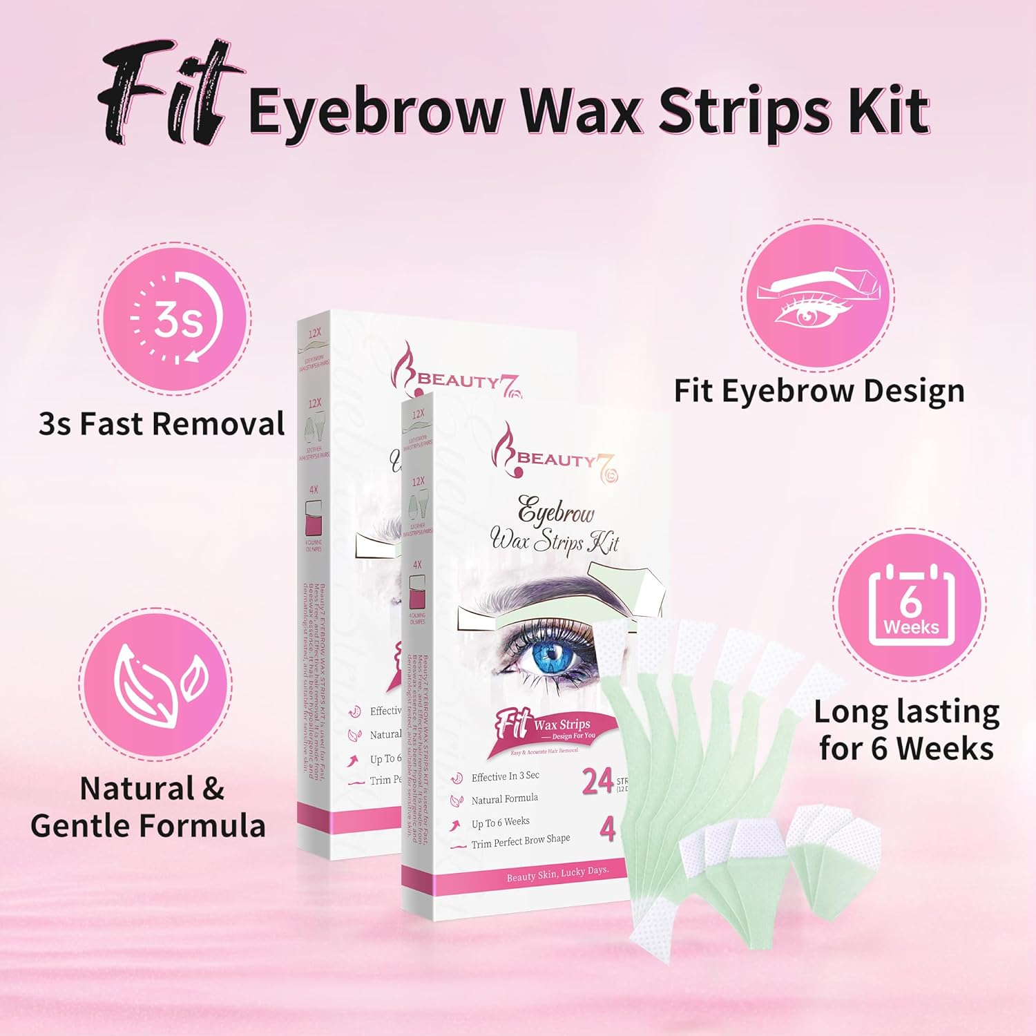 Beauty7 Wax Strips Kit for Sensitive Skin, Facial Hair Removal for Eyebrow, Lip, 24 Strips & 4 Calming Oil Wipes, at Home Waxing for Women (Pack of 2) image number 6
