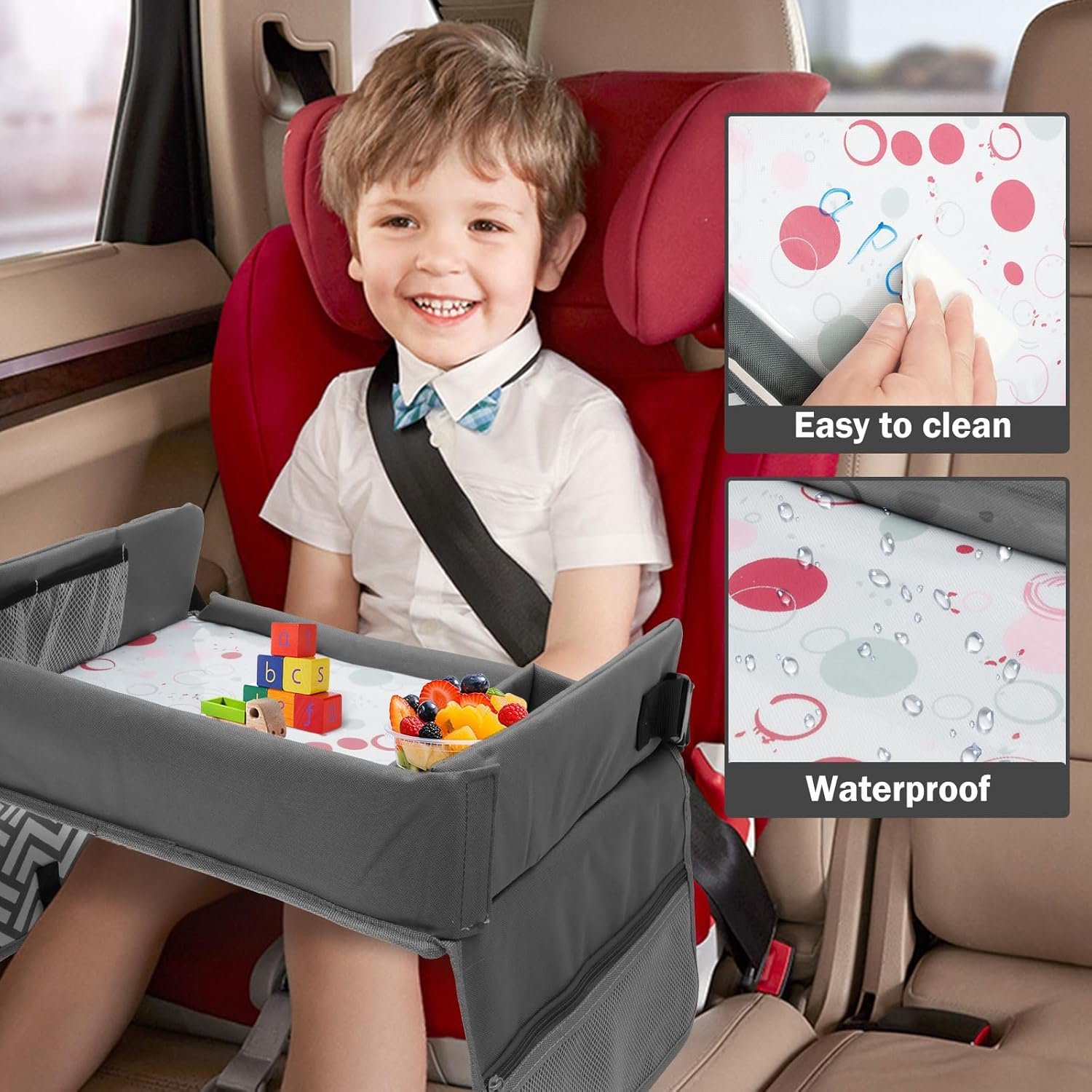Kids Car Travel Tray for Car Seat, Adjustable Lap Desk with Storage Pocket for Toddlers Drawing, Eating, Fits Most Automotive Seats image number 4