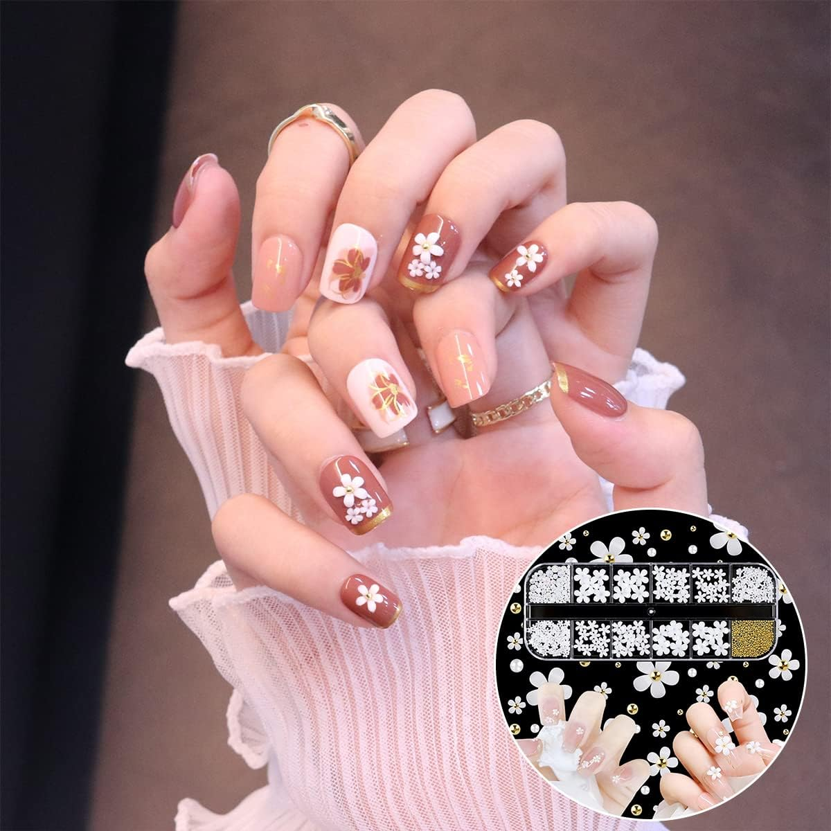BEZANU Flower Nail Art Charms, White Flowers Nail Rhinestones Kit with Nail Beads for DIY Nail Art Craft (12 Kind) image number 6