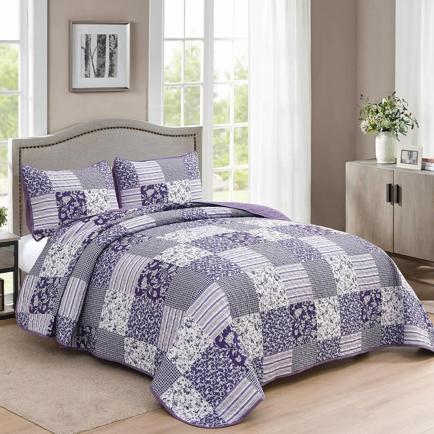 3Pcs Soft Coverlet Bedspread Set Queen King Size Patchwork Quilted Bed Floral Microfiber Lightweight Bohemian Bedding Set for All Season (Purple, Queen) image number 5