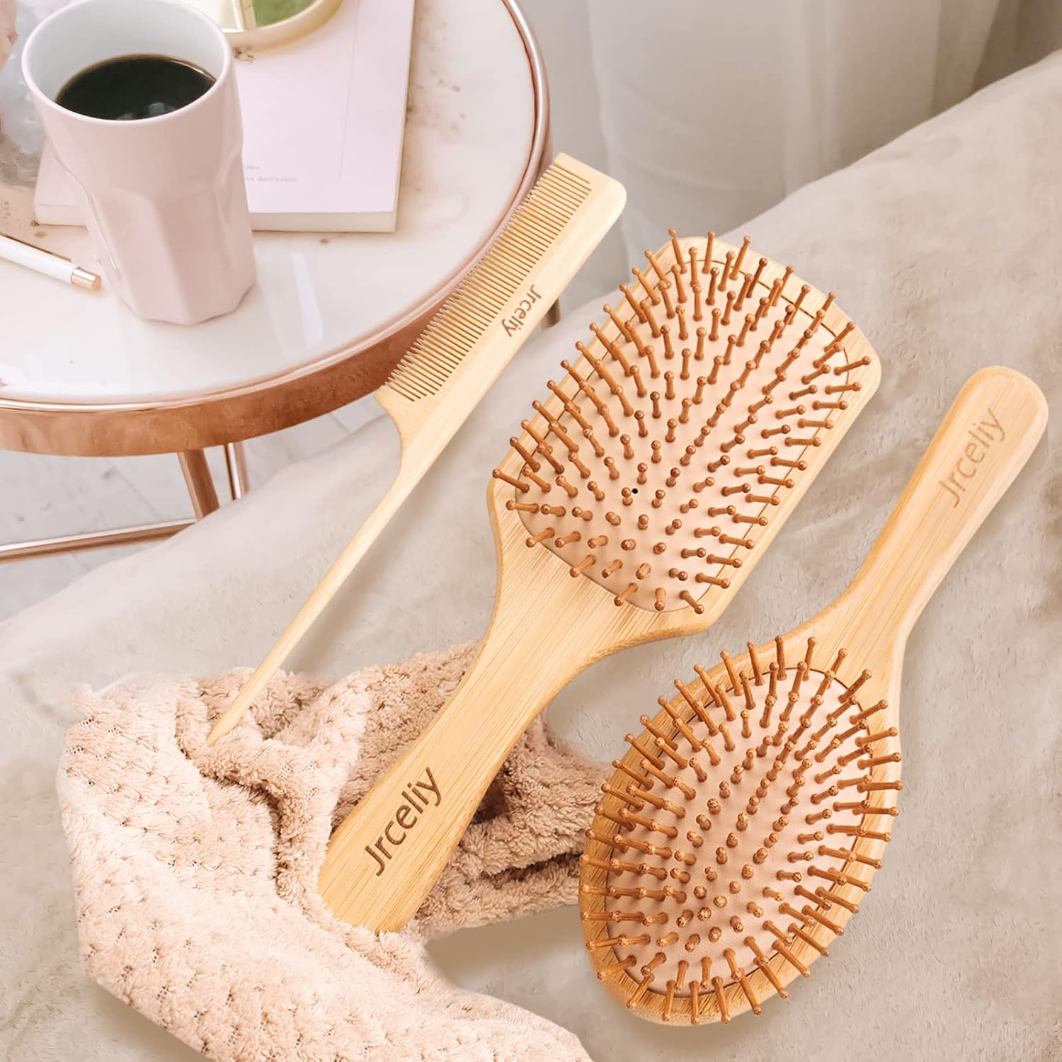 3PCS Bamboo Hair Brush Set,Natural Wooden Brush for Women, Madam, Paddle Detangling Brush for Dry/Curly/Thick/Thin/Straight Hair image number 6