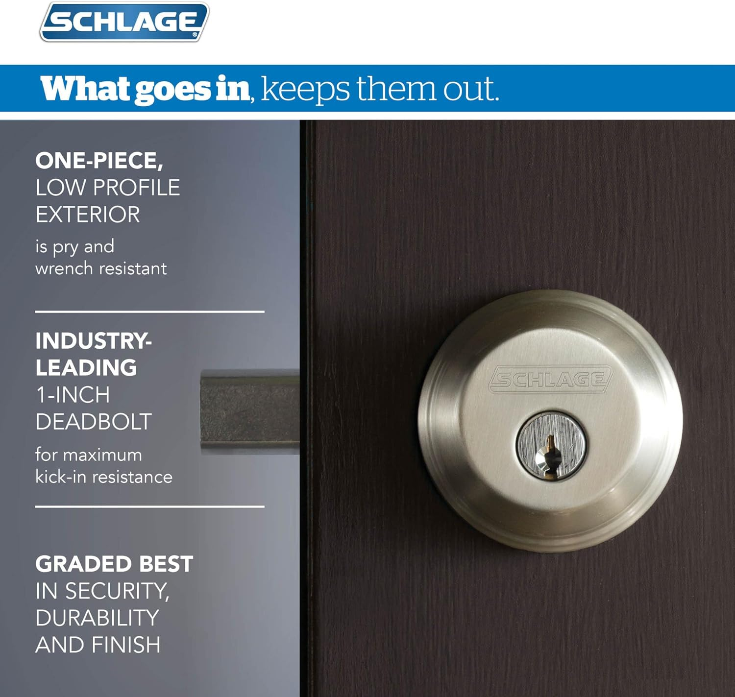 Schlage FB50N V GEO 716 B60 Single Cylinder Deadbolt and F51 Keyed Entry Georgian Knob Keyed Alike, Aged Bronze Finish - Satin Nickel image number 4