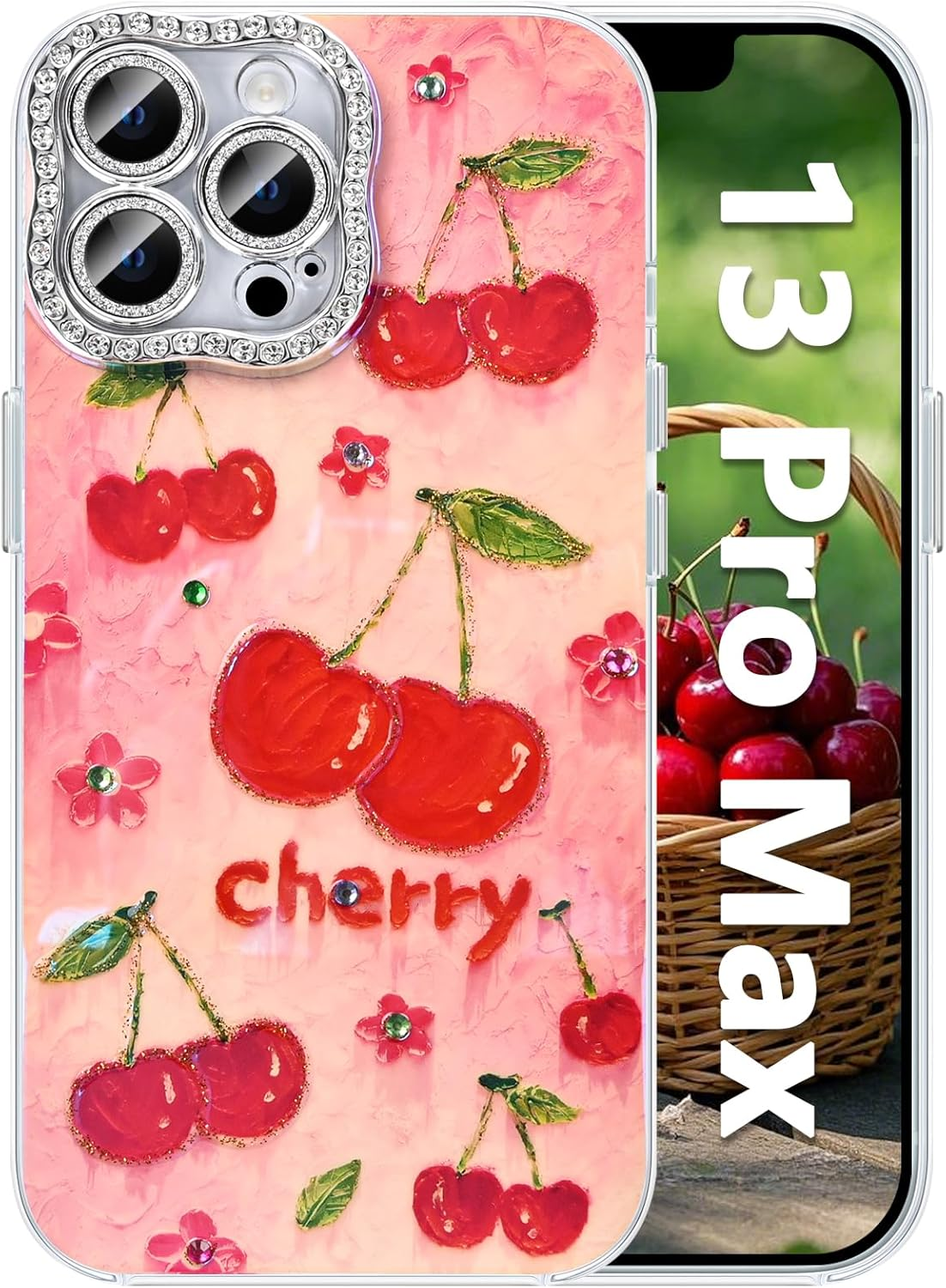 Tcaraersing for Iphone 14 Pro 6.1" Girly Case, Glossy Colorful Retro Oil Painting with Cherry Pattern, Cute Curly Wave Frame Exquisite Soft TPU Mobile Cover for Girls Women