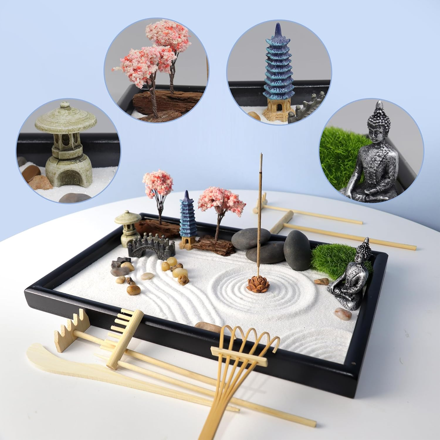 YUNGCHI Zen Garden for Desk Mini Japanese Sand Desktop Office Miniature Zen Garden Box with Kit 11.8 X 7.9 In image number 3