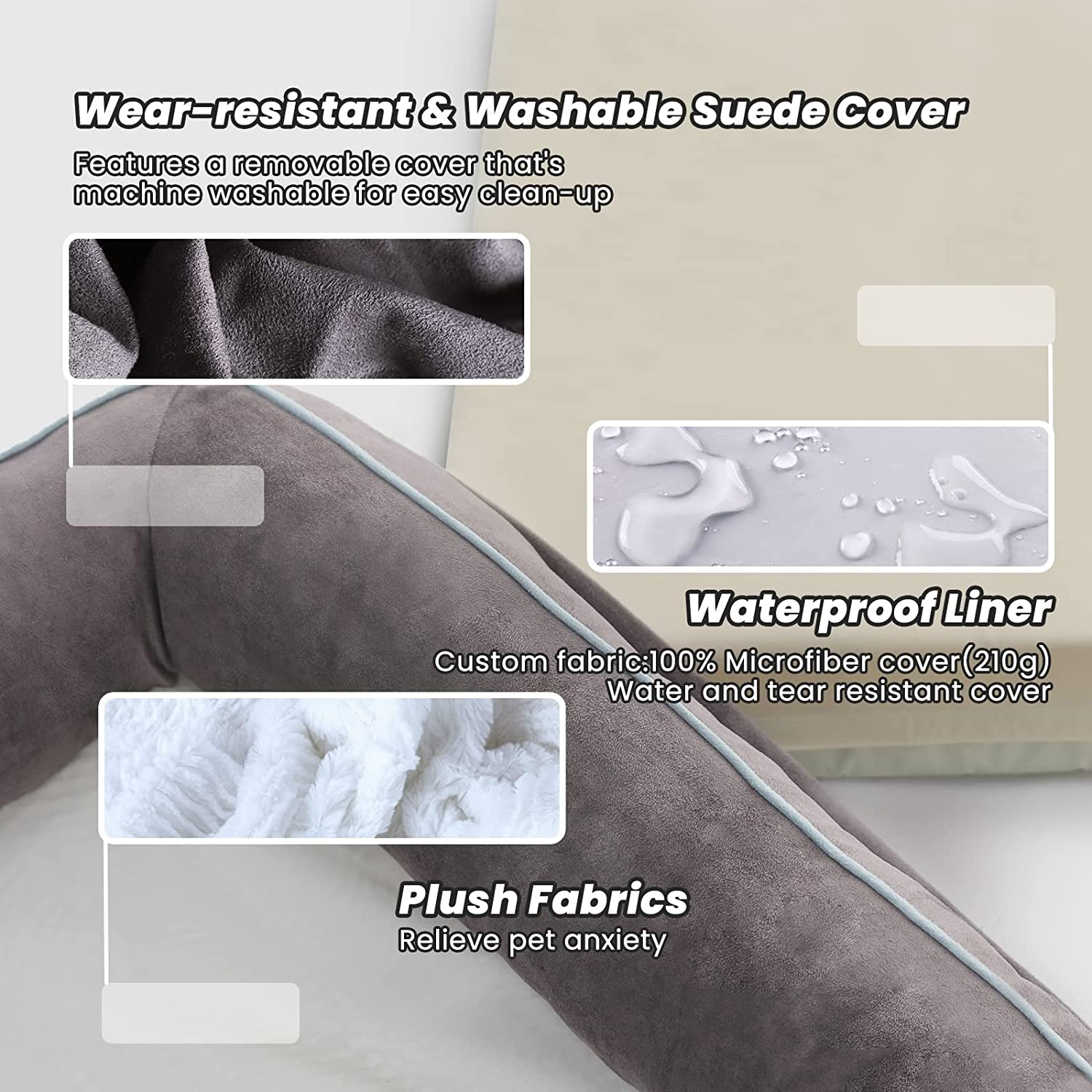 Laifug Large Orthopedic Premium Memory Foam Dog Bed, with Washable and Removable Suede Cover, Waterproof Liner and Non-Slip Bottom Protect the Dog Bed, Grey, Large(97''X76''X23'' image number 3