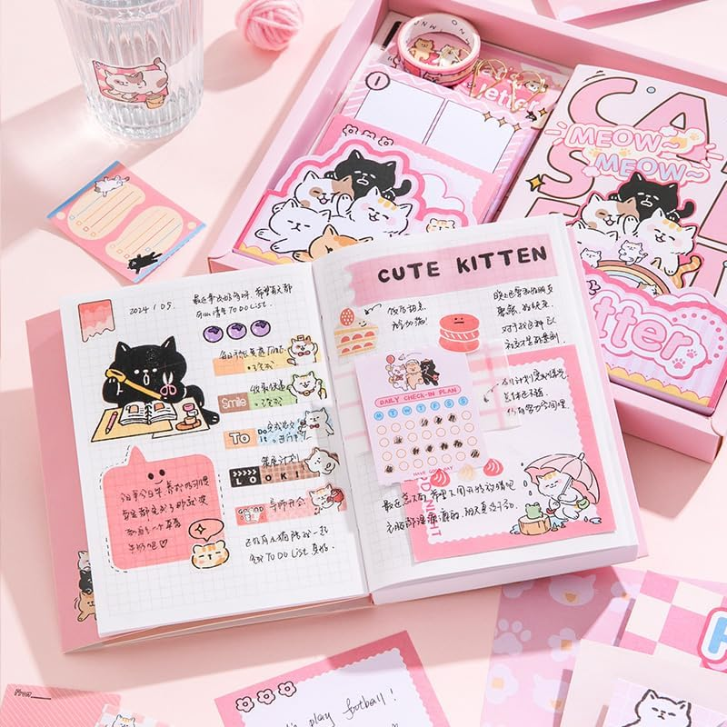 PRSTINCOL Pink Cute Cat Scrapbooking Kit,Kawaii Stationery Scrapbook Supplies Kit with Cat and Dessert Theme for Junk Journal, Bullet A6 Grid Notebook for Adult Teen Girl DIY Gift Kit for Girls image number 4