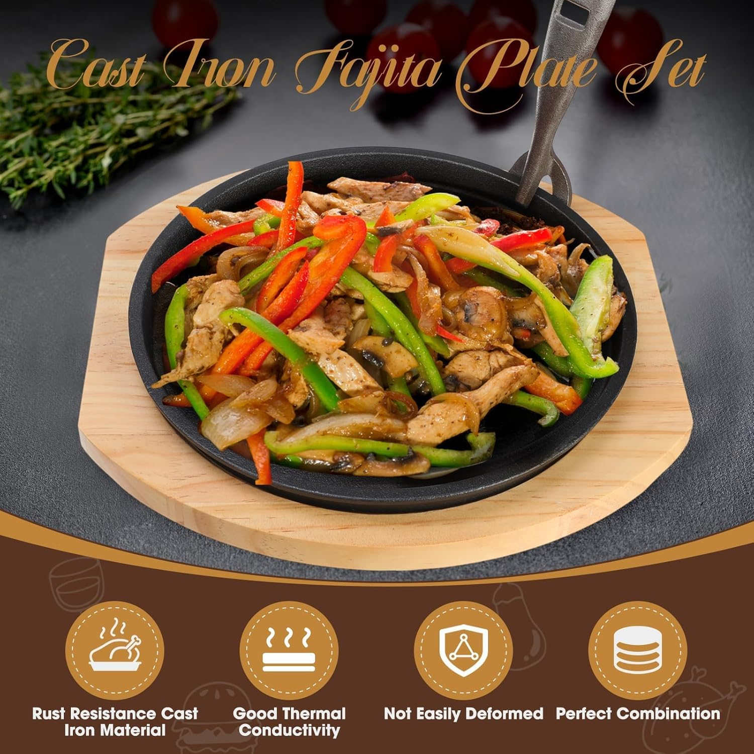 2 Set Cast Iron Fajita Plate Set with Wooden Base anti Scald Protection Removable Handle Fajita Plate Sizzling Pan Cast Iron Skillets Set for Home Restaurant Kitchen BBQ Cooking (10.3 Inch) image number 6