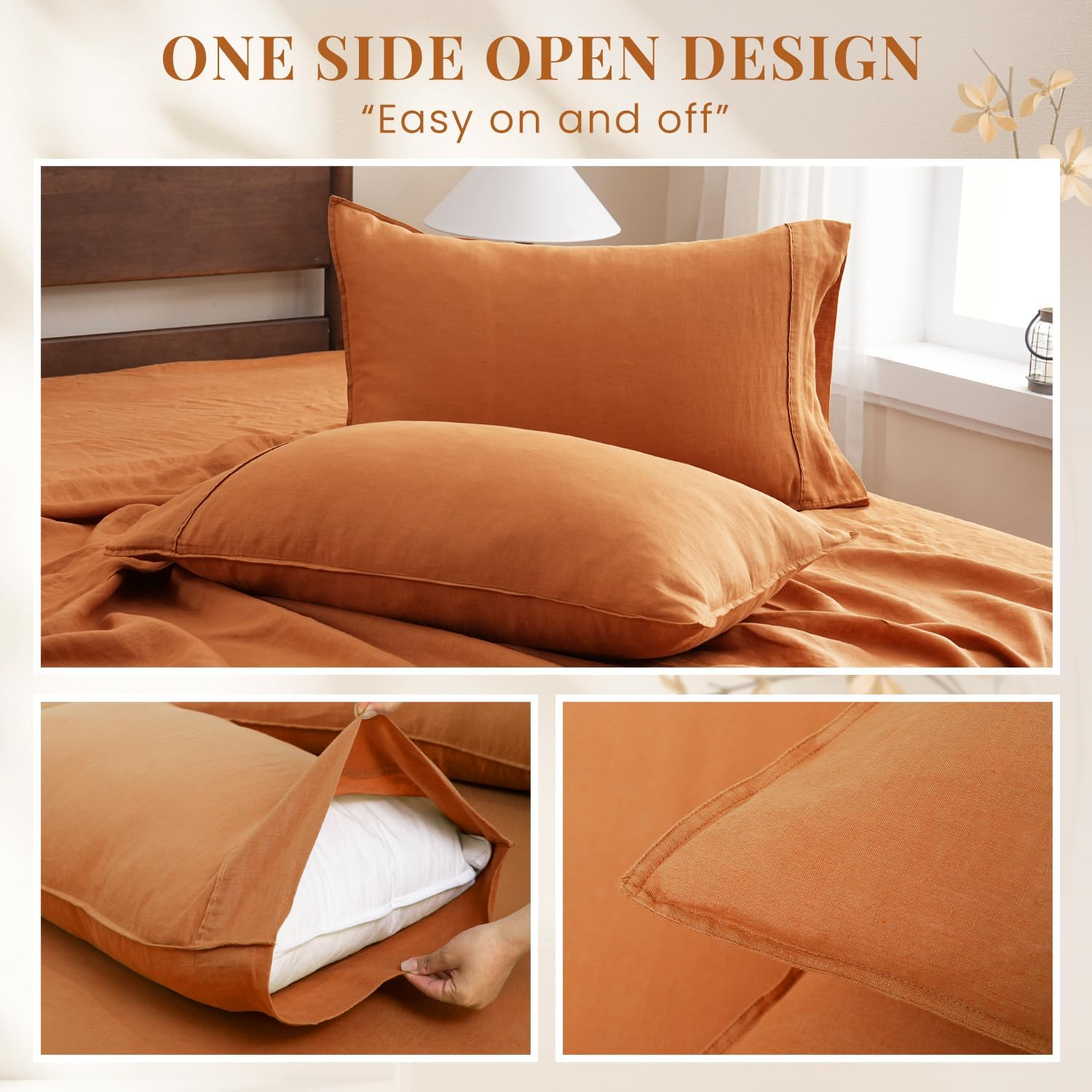 S VICTORY SYMBOL Pure Washed Linen Sheets Set Queen Size,European Flax Linen Bed Sheets(1 Flat Sheet,1 Fitted Sheet,2 Pillowcases) Breathable Soft Durable Boho Farmhouse Bedding-Pumpkin image number 2