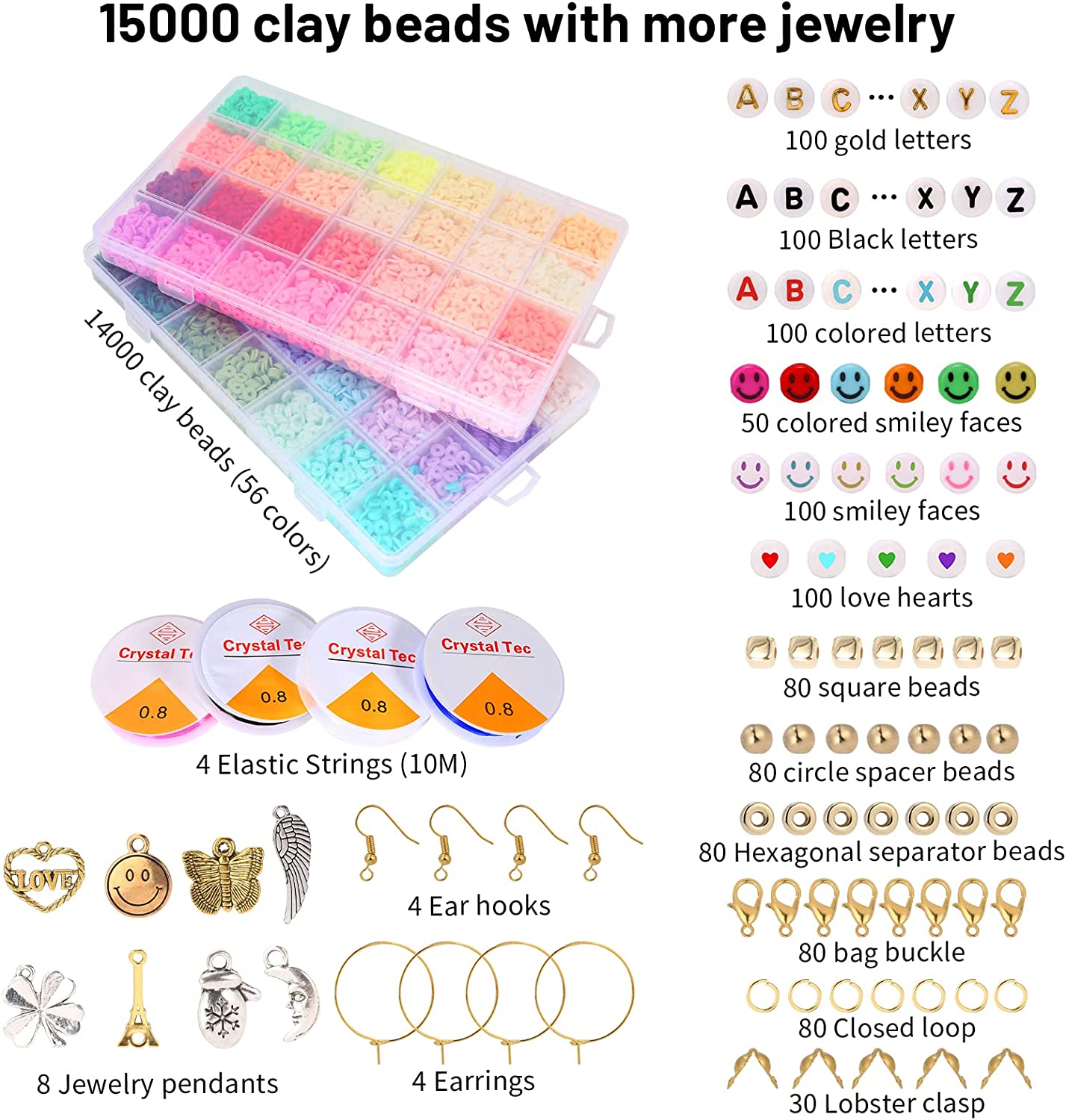 15000 Clay Beads for Jewelry Bracelet Necklace Making Kit, Flat round Polymer Clay Beads with Elastic Strings Pendant Charms Kit