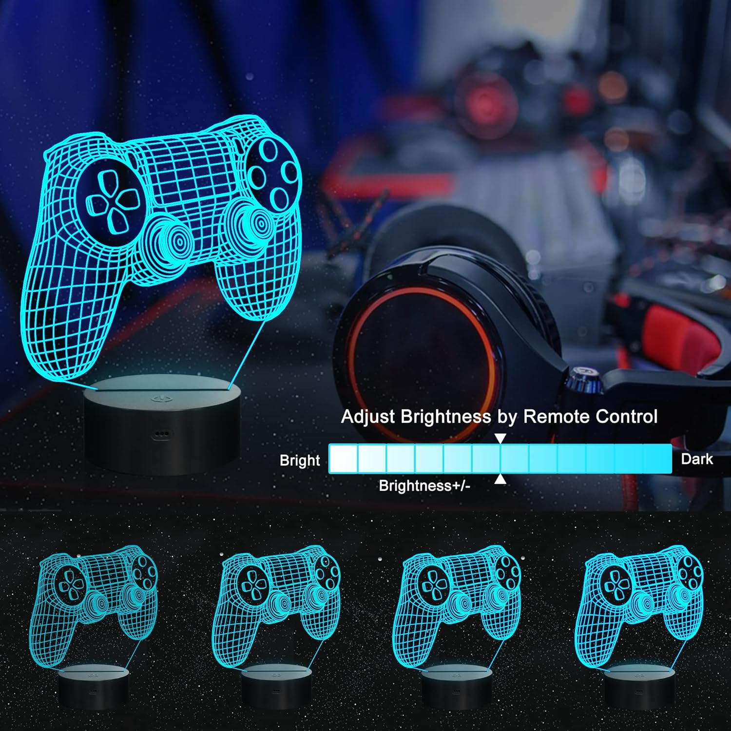 Ammonite Gamepad Night Light, 3D Illusion Game Control Lamp 16 Colors Changing with Remote, Game Room Decor as Xmas Holiday Birthday Gifts for Boys Girls image number 3