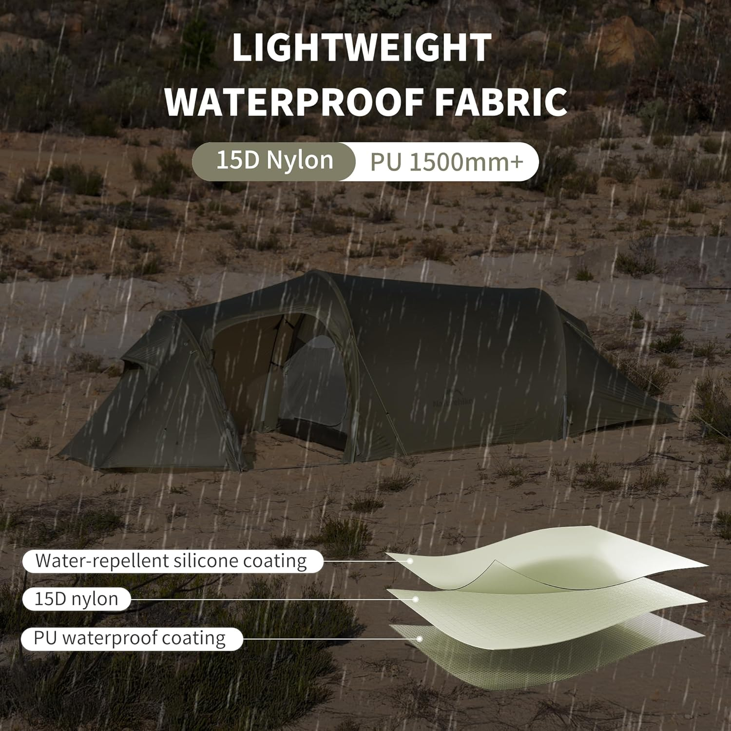 Naturehike Opalus UL Tunnel Tent, Upgraded Lightweight 15D Nylon 2/3 Person Camping Tent, 4 Season Camping Tent (Olive Green) image number 4